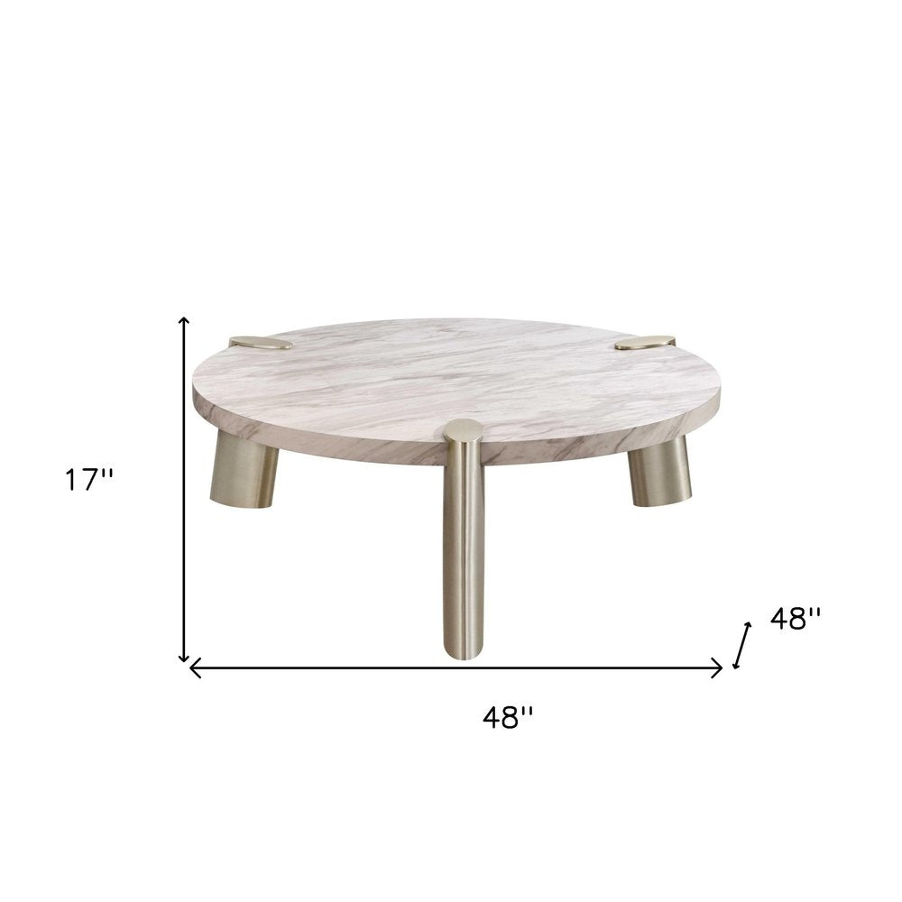 48" White and Silver Marble and Stainless Steel Round Coffee Table