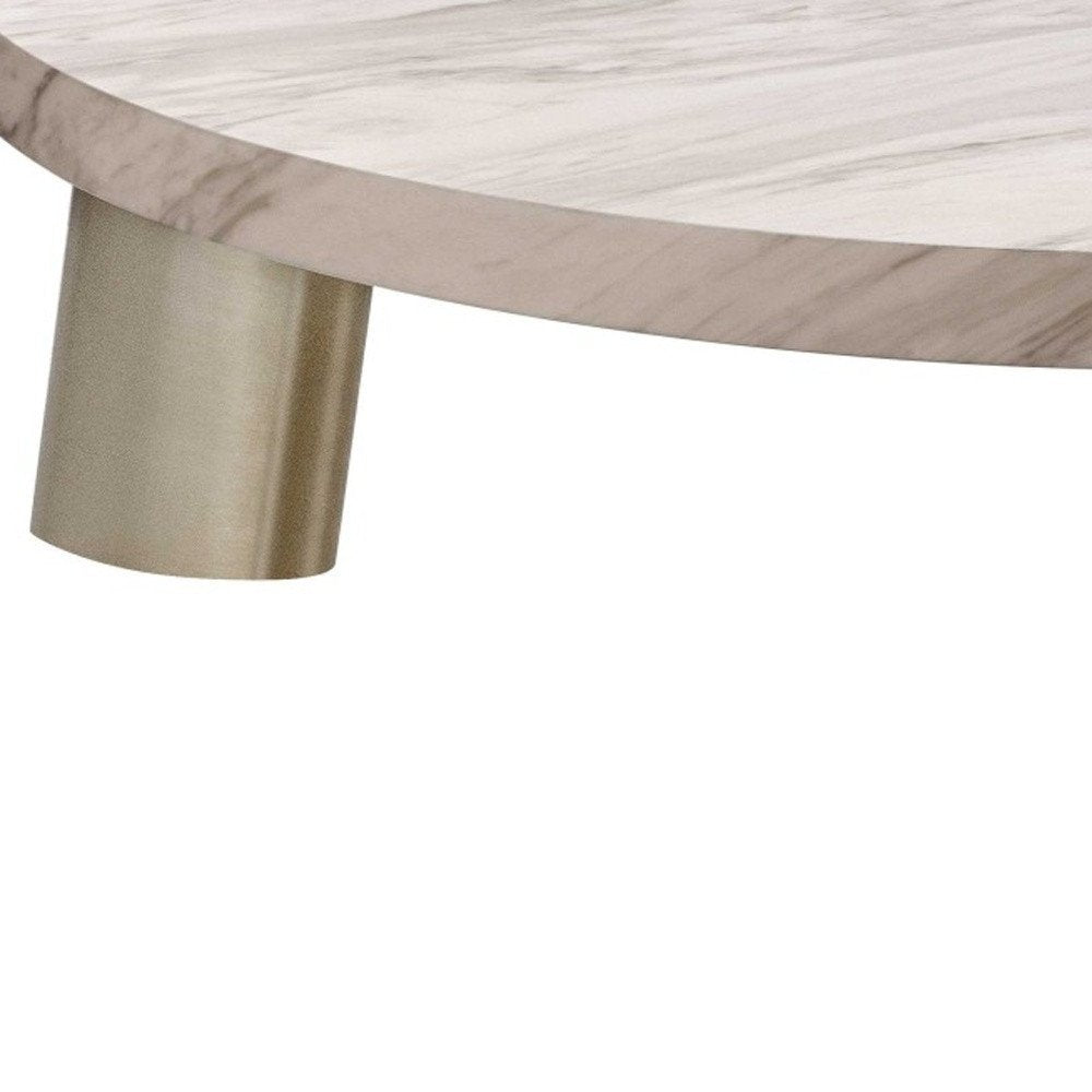 48" White and Silver Marble and Stainless Steel Round Coffee Table