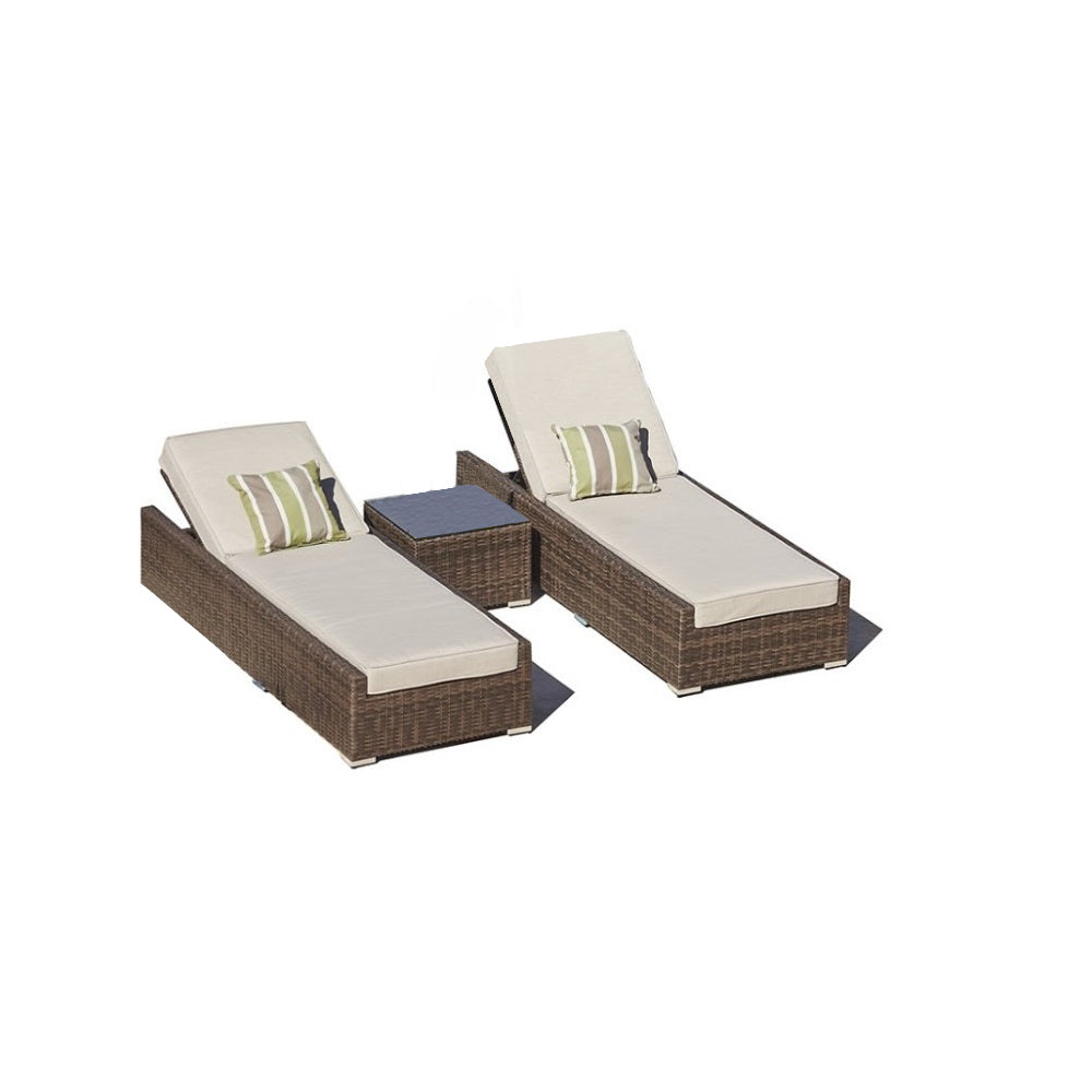 78" Set of Two Brown Indoor Outdoor Chaise Lounge with Beige Cushion