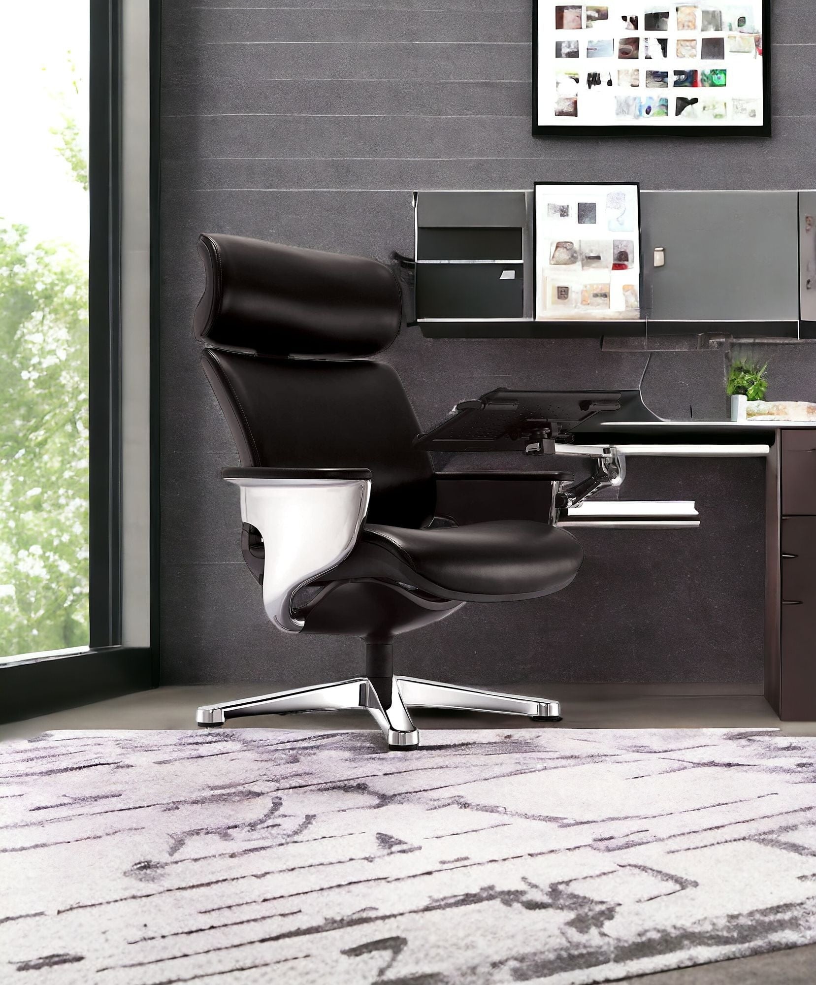 Black and Silver Swivel Faux Leather Executive Office Chair