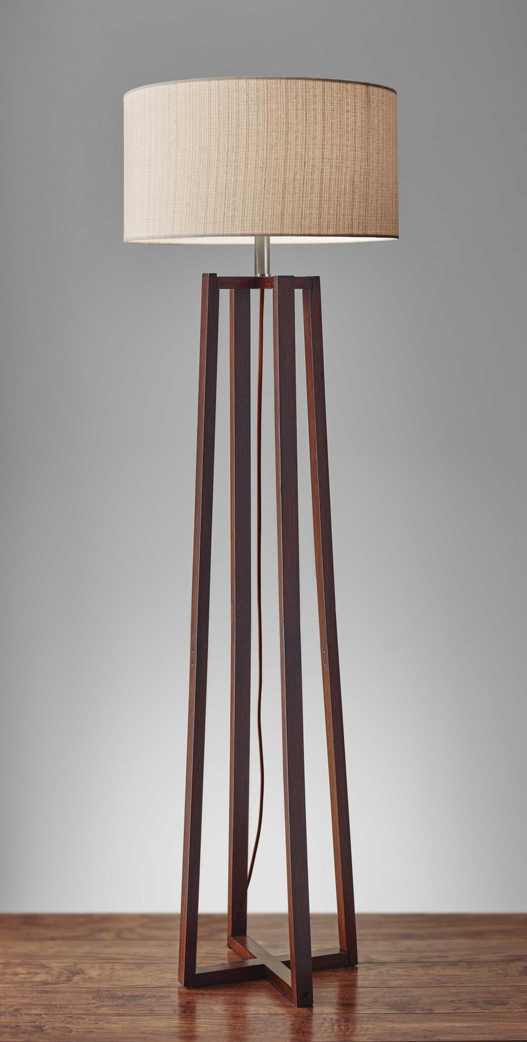 60" Brown Solid Wood Novelty Floor Lamp With Beige Fabric Drum Shade