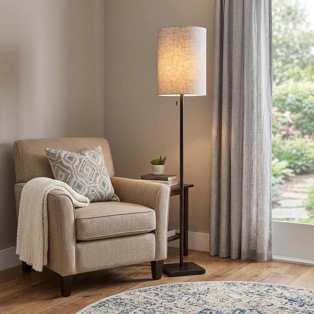 61" Brass Metal Floor Lamp With White Fabric Cylinder Shade