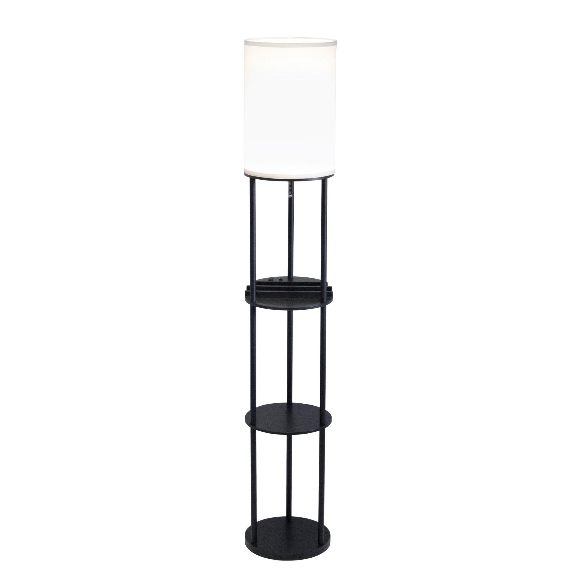 67" Black And White Column With White Linen Shade