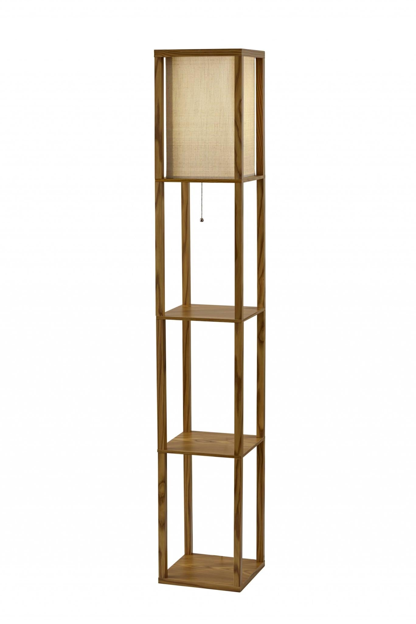 63" Natural Solid Wood Column With Brown Fabric Shade