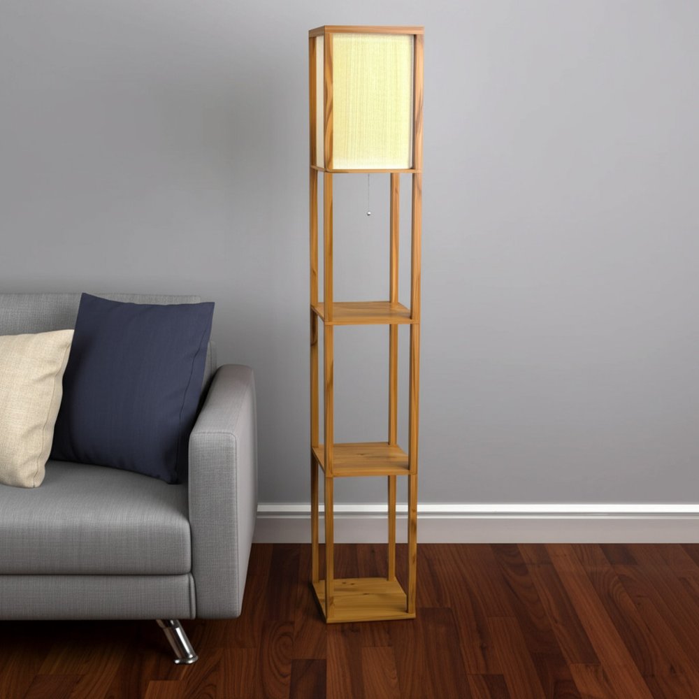 63" Black And White Solid Wood Column Floor Lamp With White Fabric Square Shade