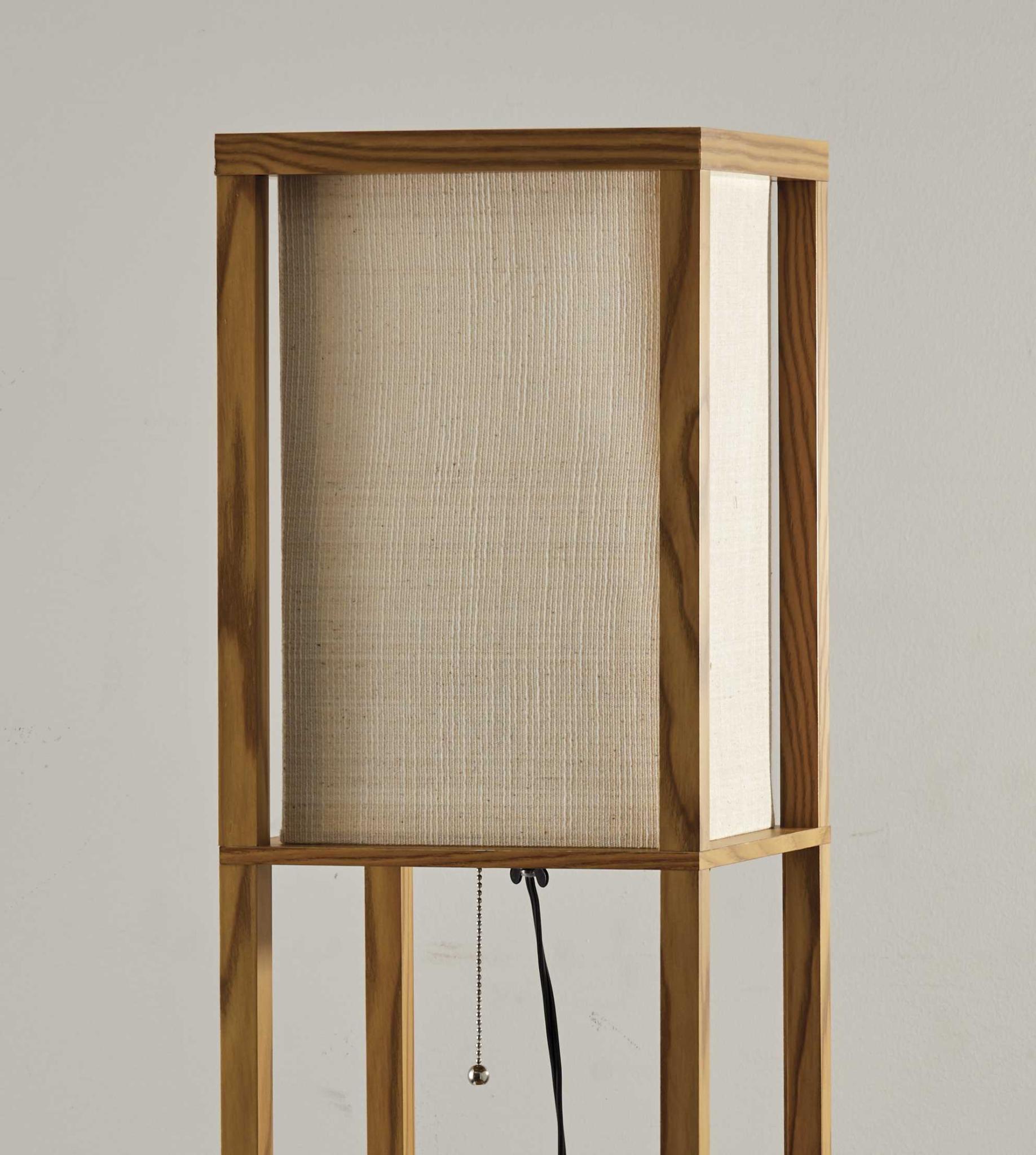 63" Natural Solid Wood Column With Brown Fabric Shade