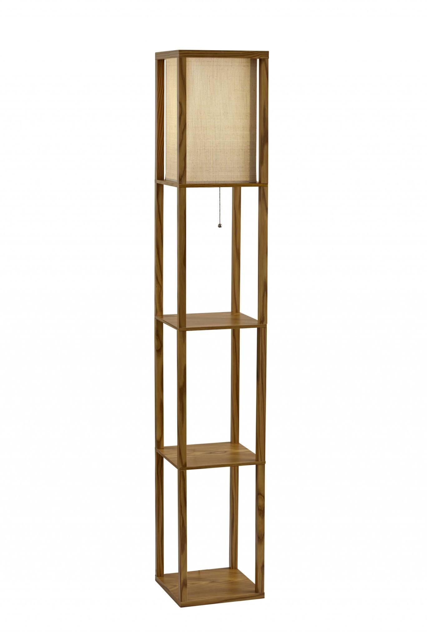 63" Natural Solid Wood Column With Brown Fabric Shade