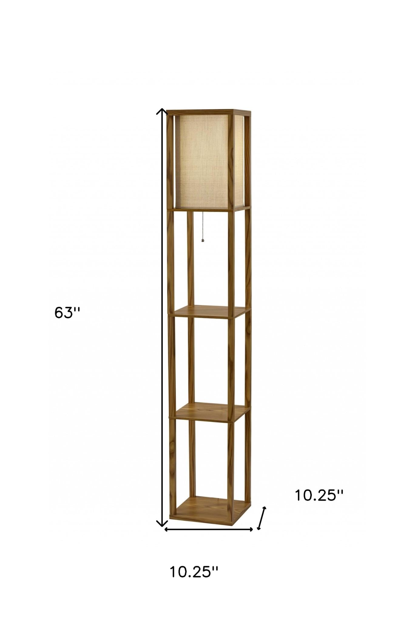 63" Natural Solid Wood Column With Brown Fabric Shade