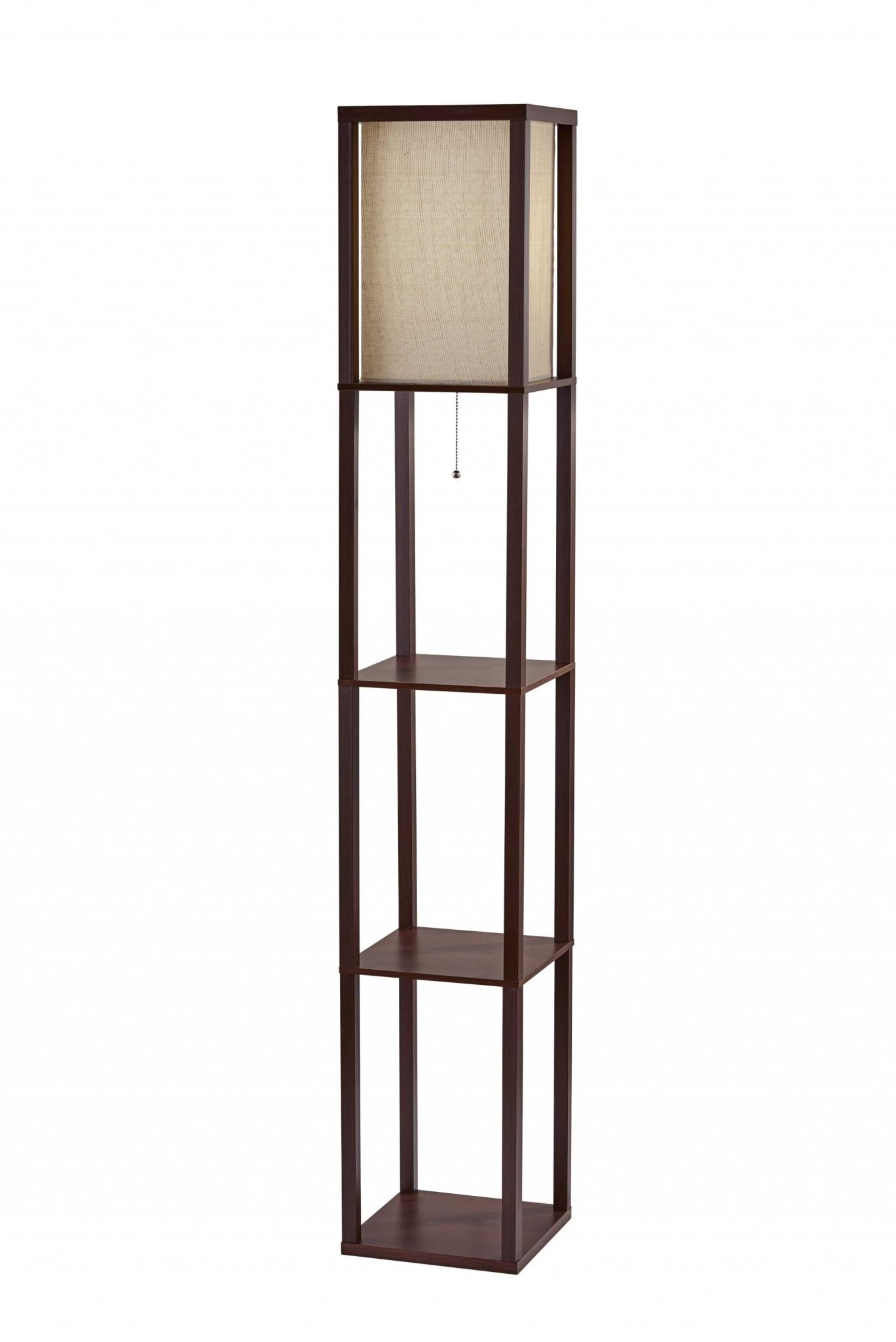 63" Brown Column Floor Lamp With Beige Fabric Square Shade