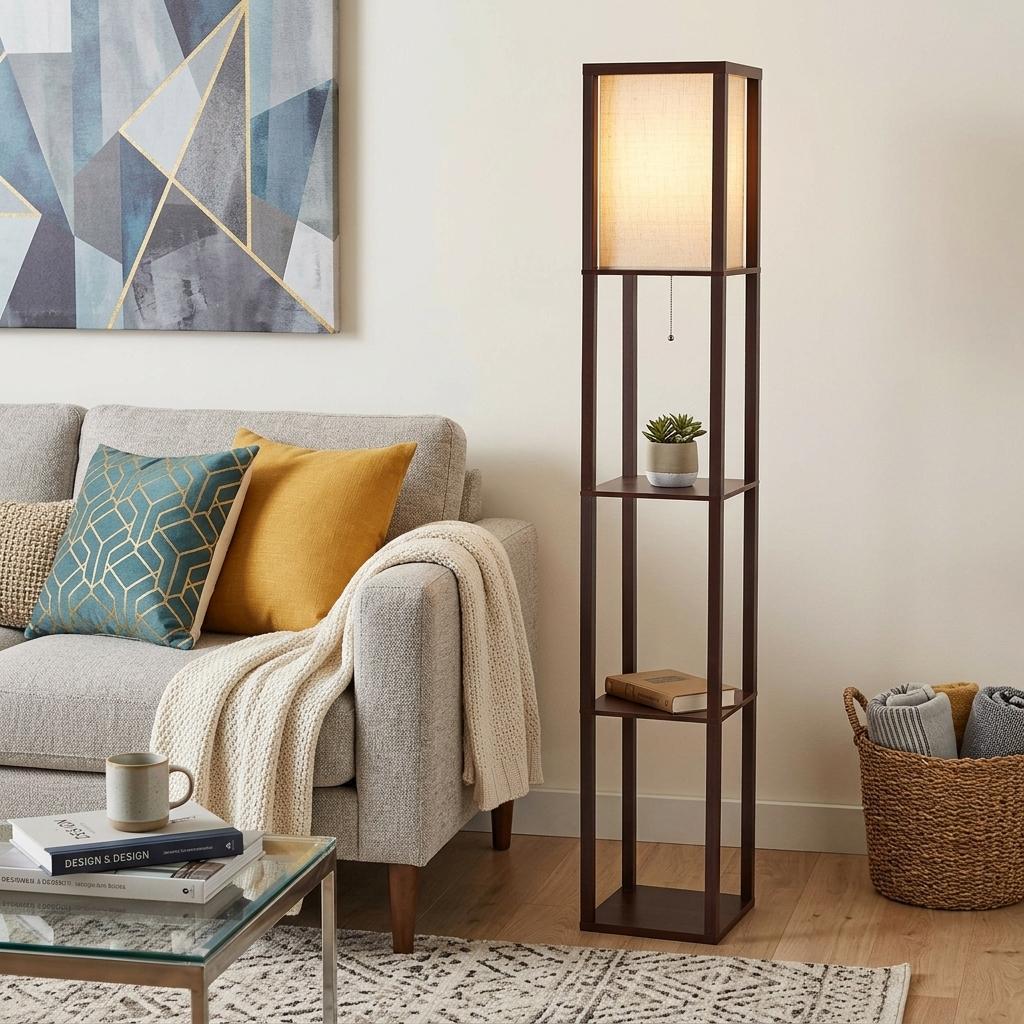 63" Brown Column Floor Lamp With Beige Fabric Square Shade