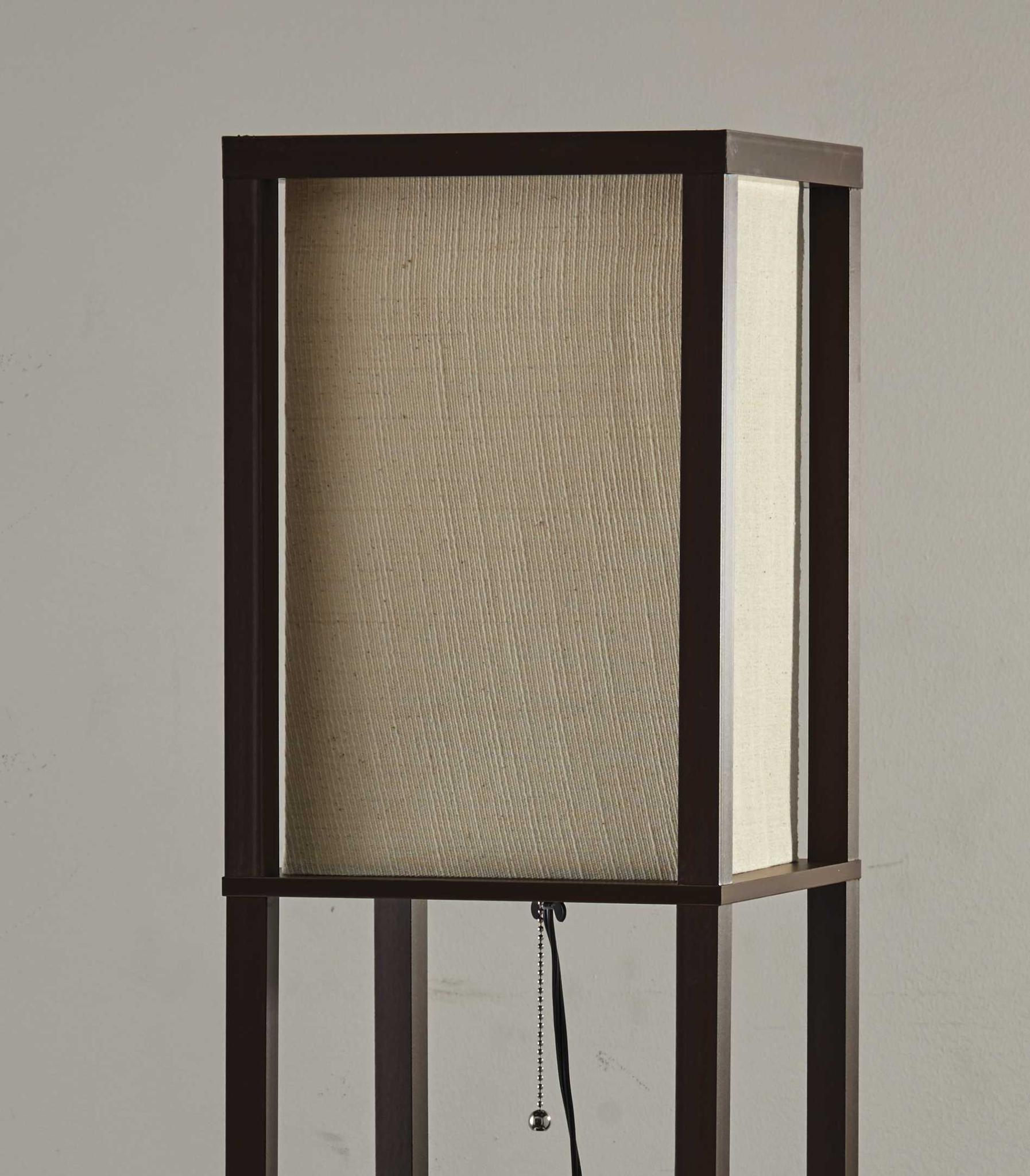 63" Brown Column Floor Lamp With Beige Fabric Square Shade
