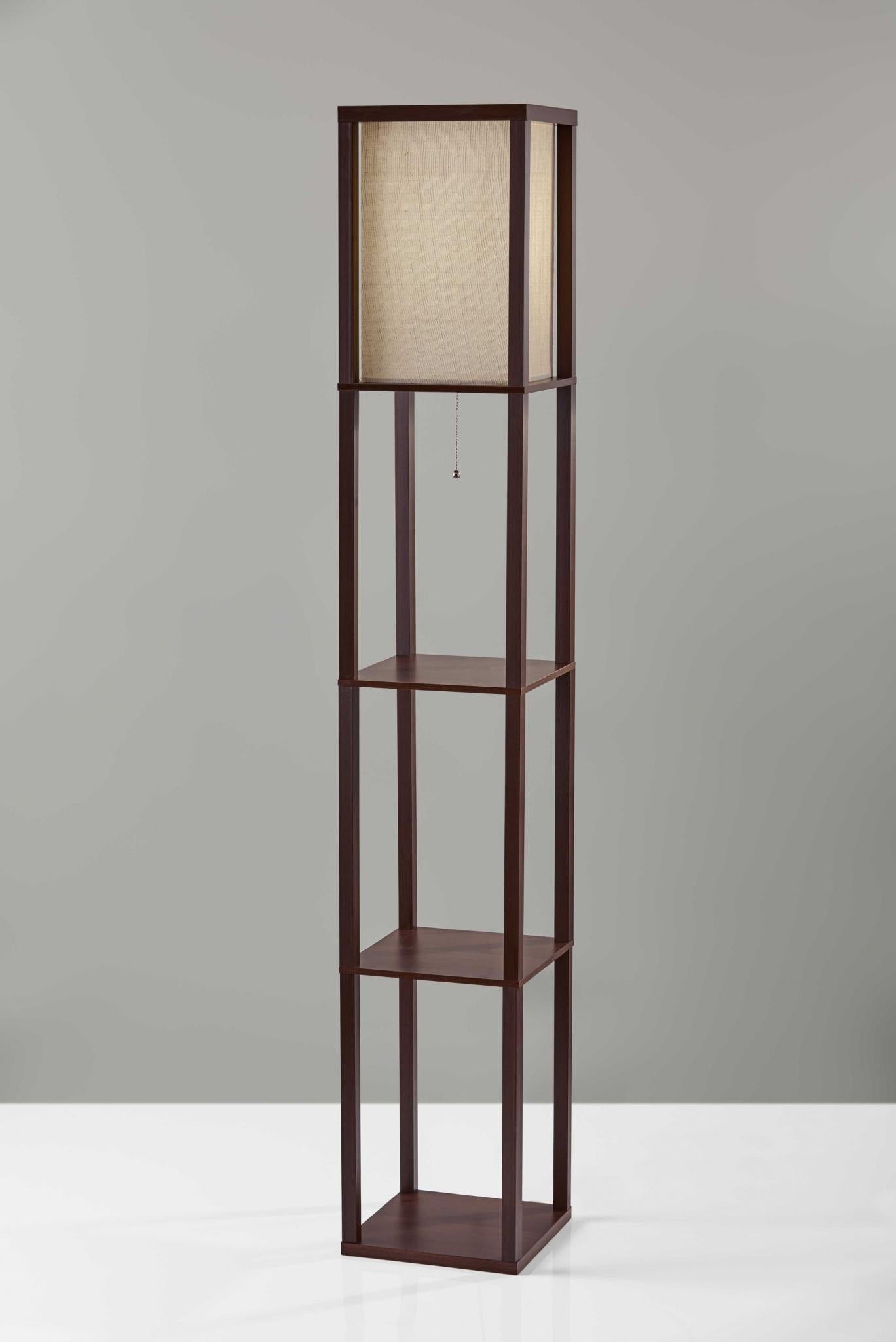 63" Brown Column Floor Lamp With Beige Fabric Square Shade