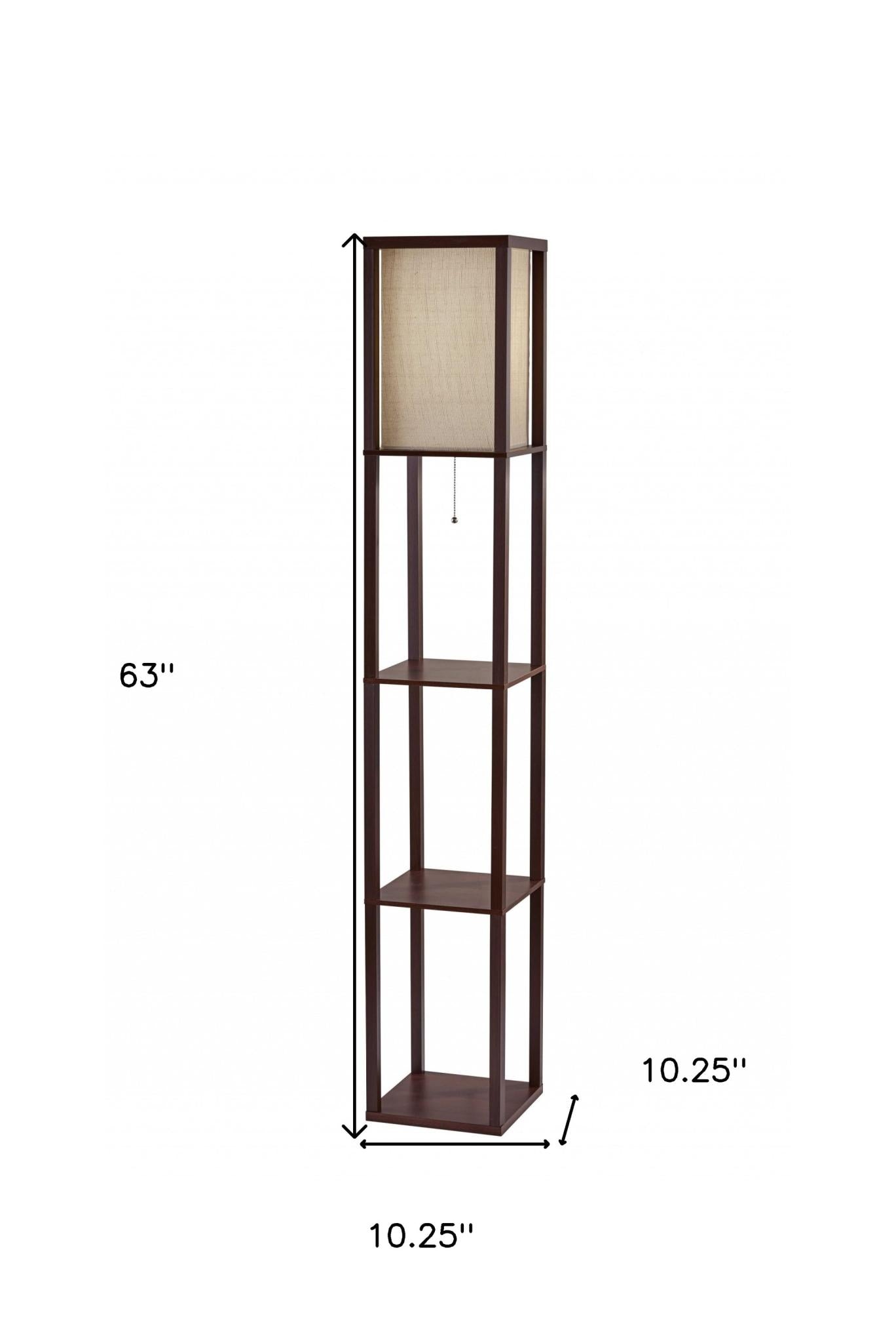 63" Brown Column Floor Lamp With Beige Fabric Square Shade