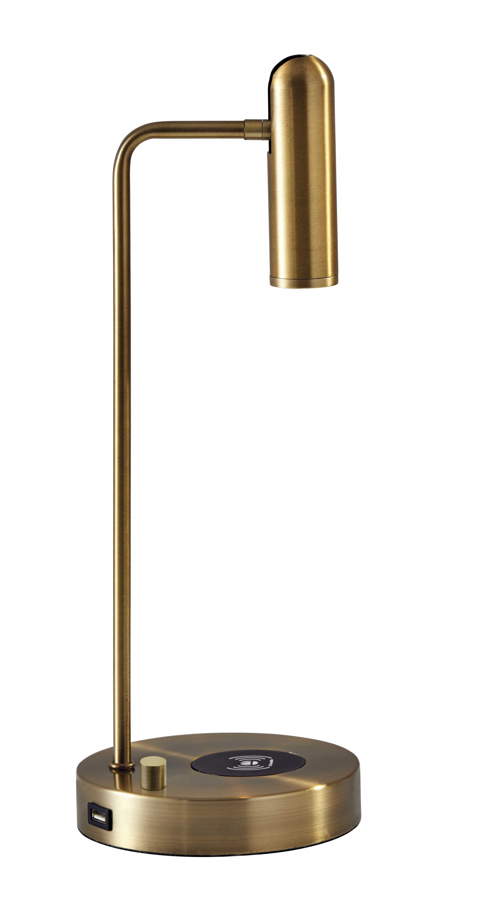 17" Brass Metal LED Desk Lamp With USB And Wireless Charging