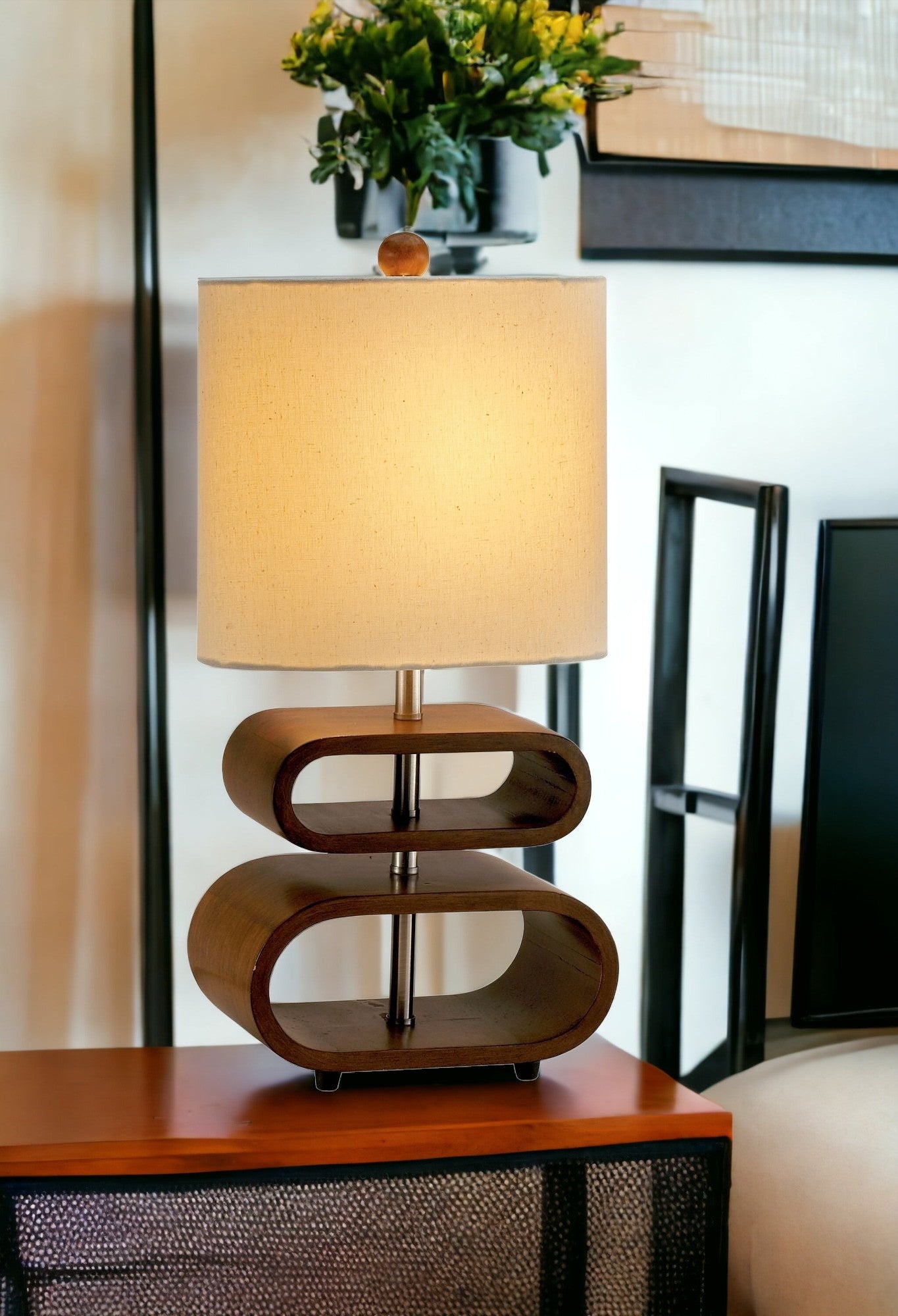 19" Brown Retro Ovals Wood Bedside Lamp With Natural Shade