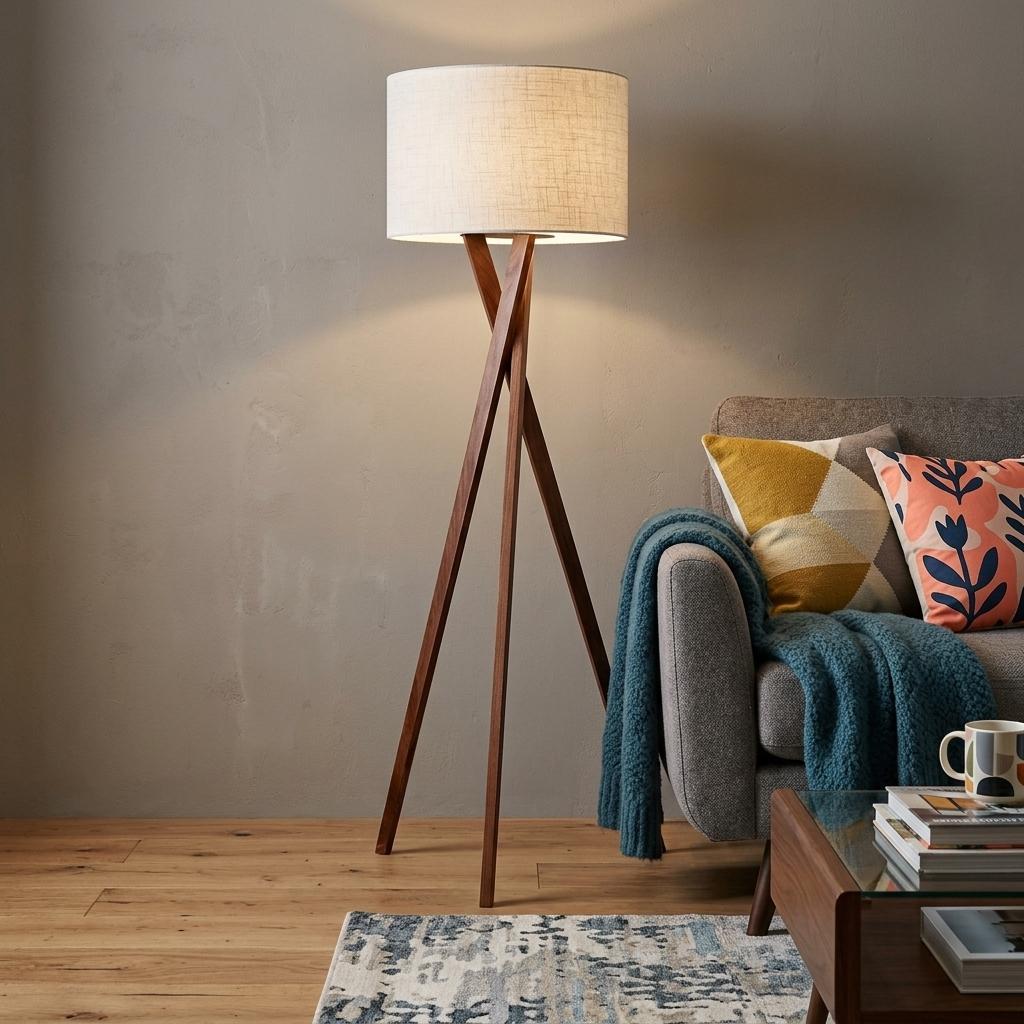 63" Brown And White Solid Wood Tripod Floor Lamp With White Linen Drum Shade
