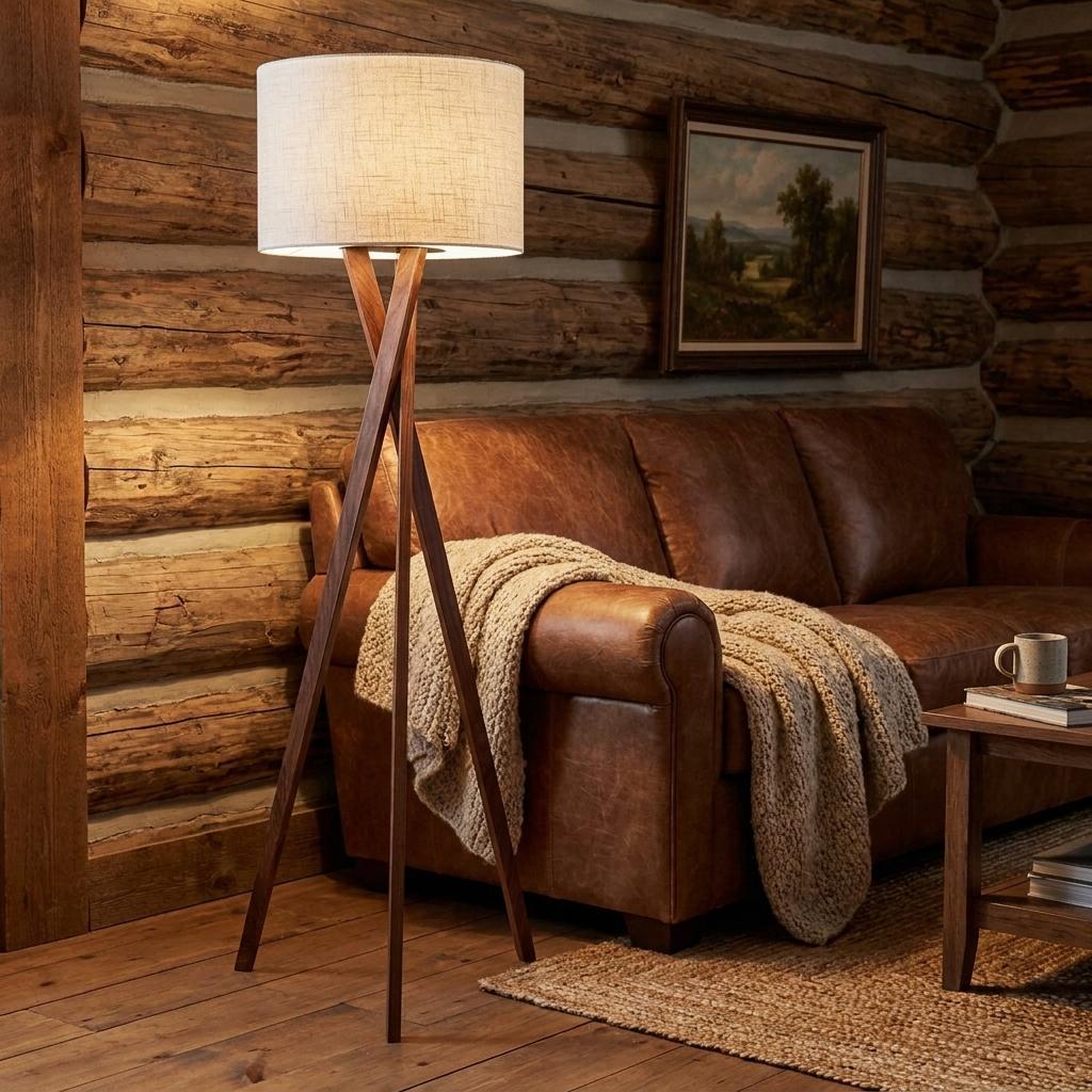 63" Brown And White Solid Wood Tripod Floor Lamp With White Linen Drum Shade