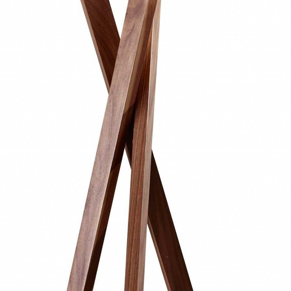 63" Brown And White Solid Wood Tripod Floor Lamp With White Linen Drum Shade