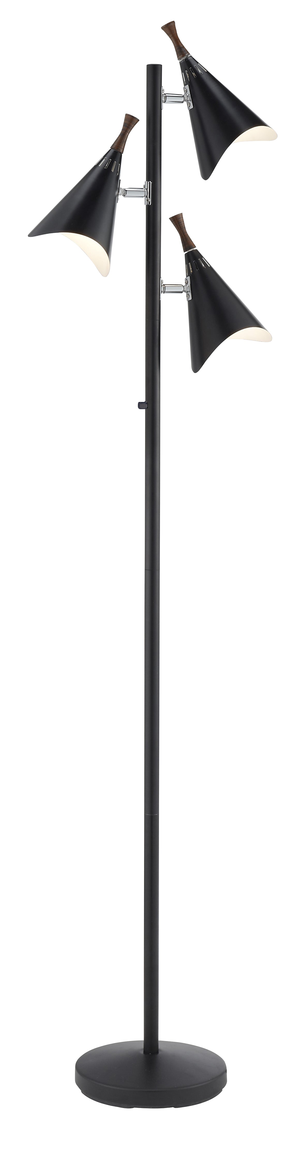 68" Black Three Light Tree Floor Lamp With Black Solid Color Cone Shade