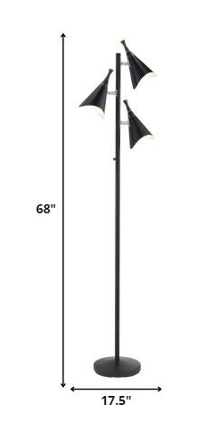68" Black Three Light Tree Floor Lamp With Black Solid Color Cone Shade