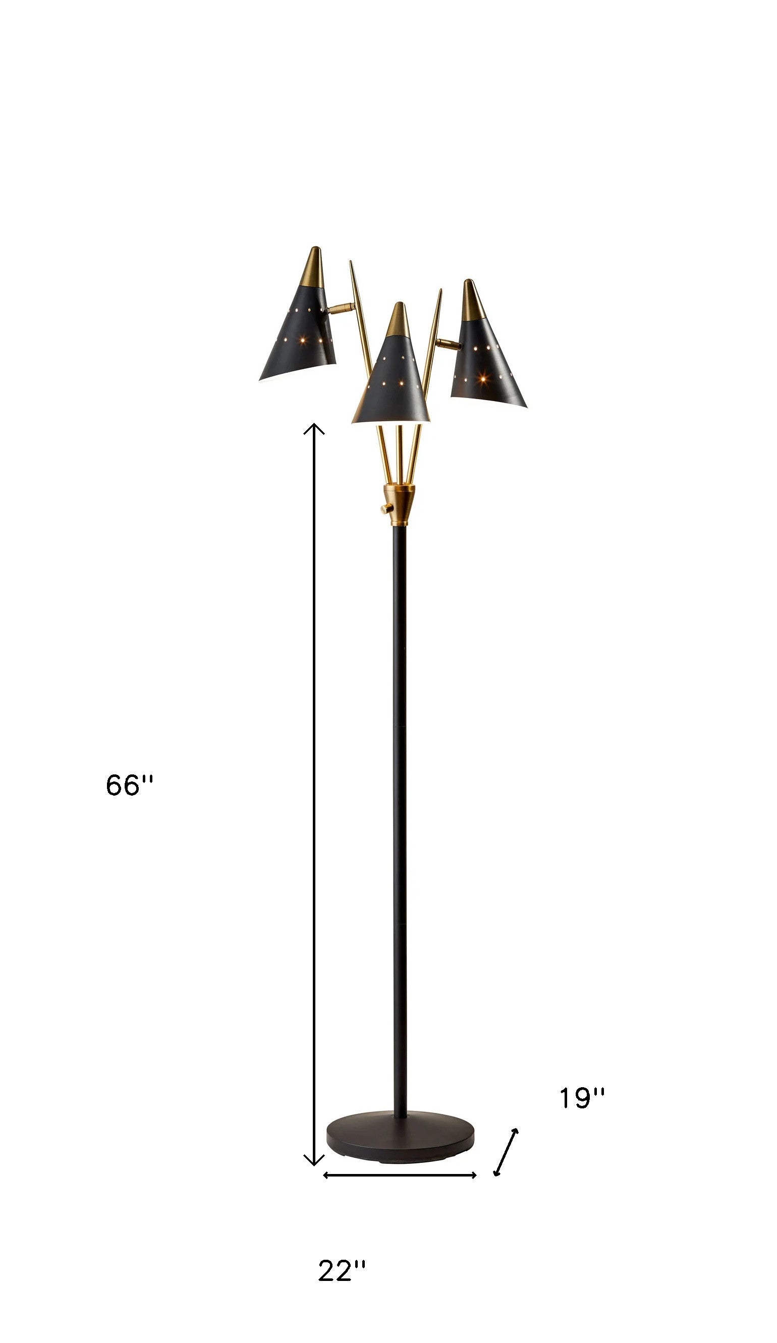 66" Black And Gold Metal Three Light Novelty Floor Lamp With Black Metal Cone Shade