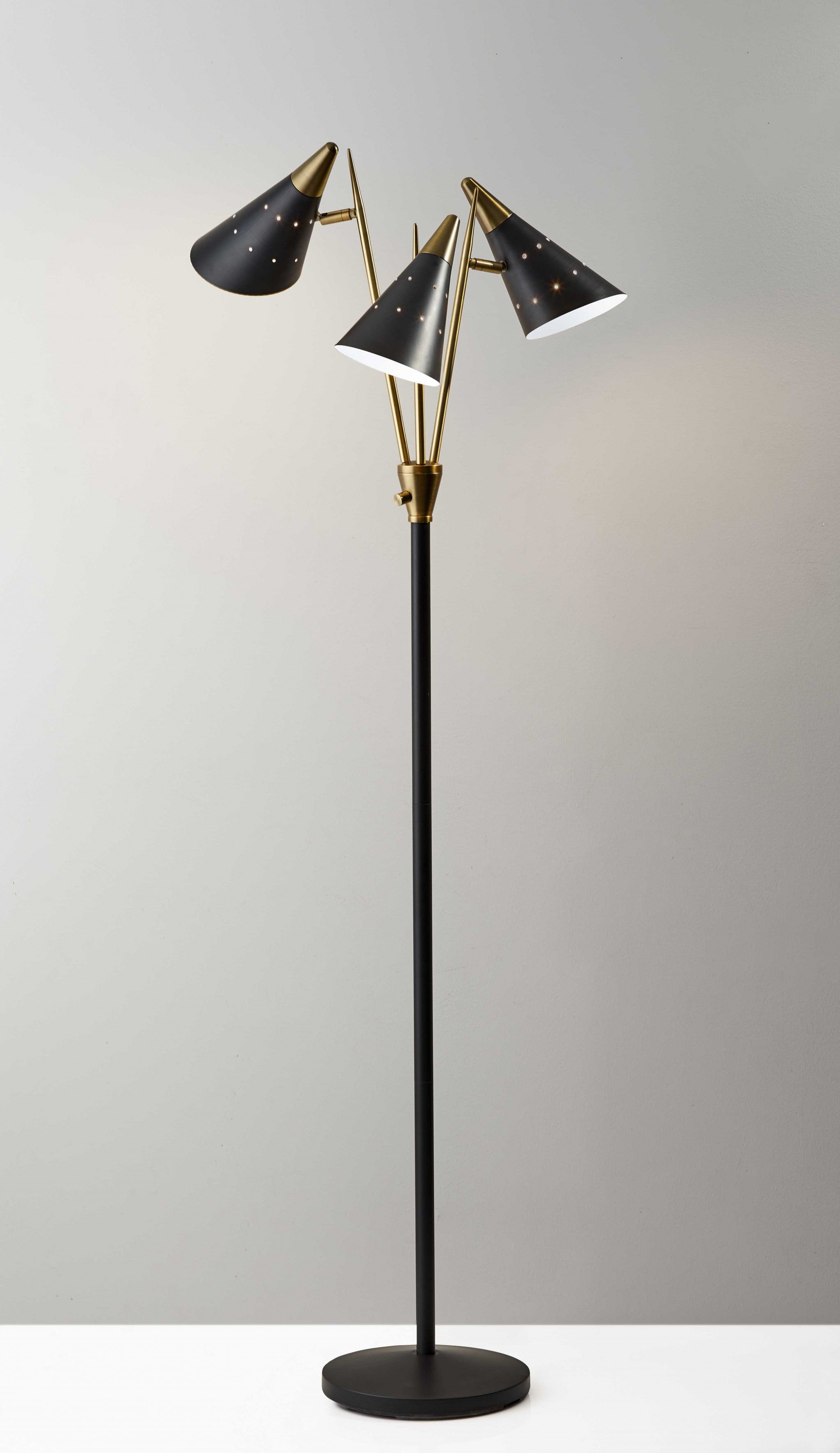 66" Black And Gold Metal Three Light Novelty Floor Lamp With Black Metal Cone Shade