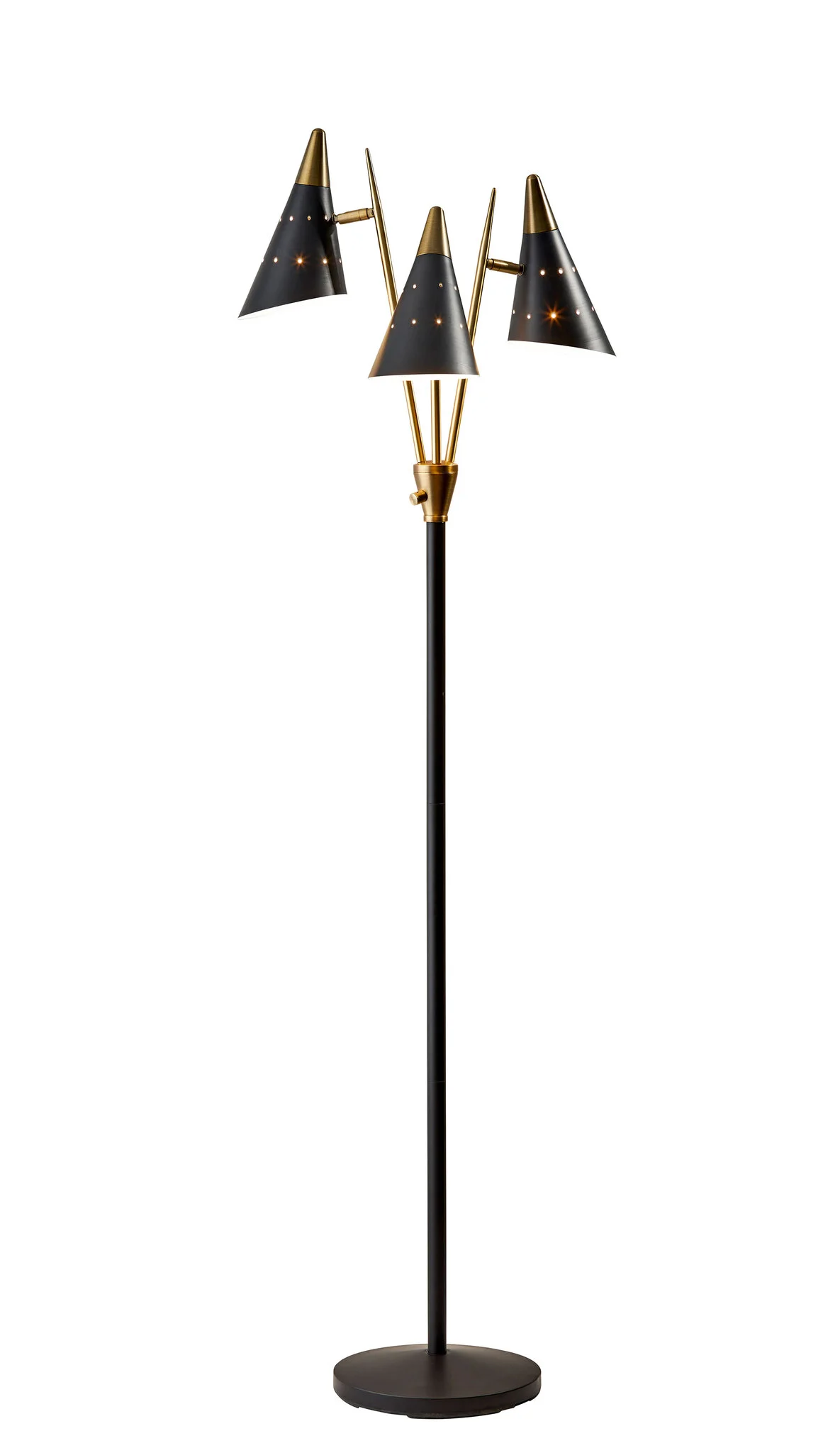 66" Black And Gold Metal Three Light Novelty Floor Lamp With Black Metal Cone Shade