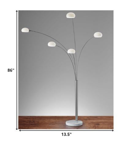 86" Steel Five Light Tree Floor Lamp With White Solid Color Bell Shade