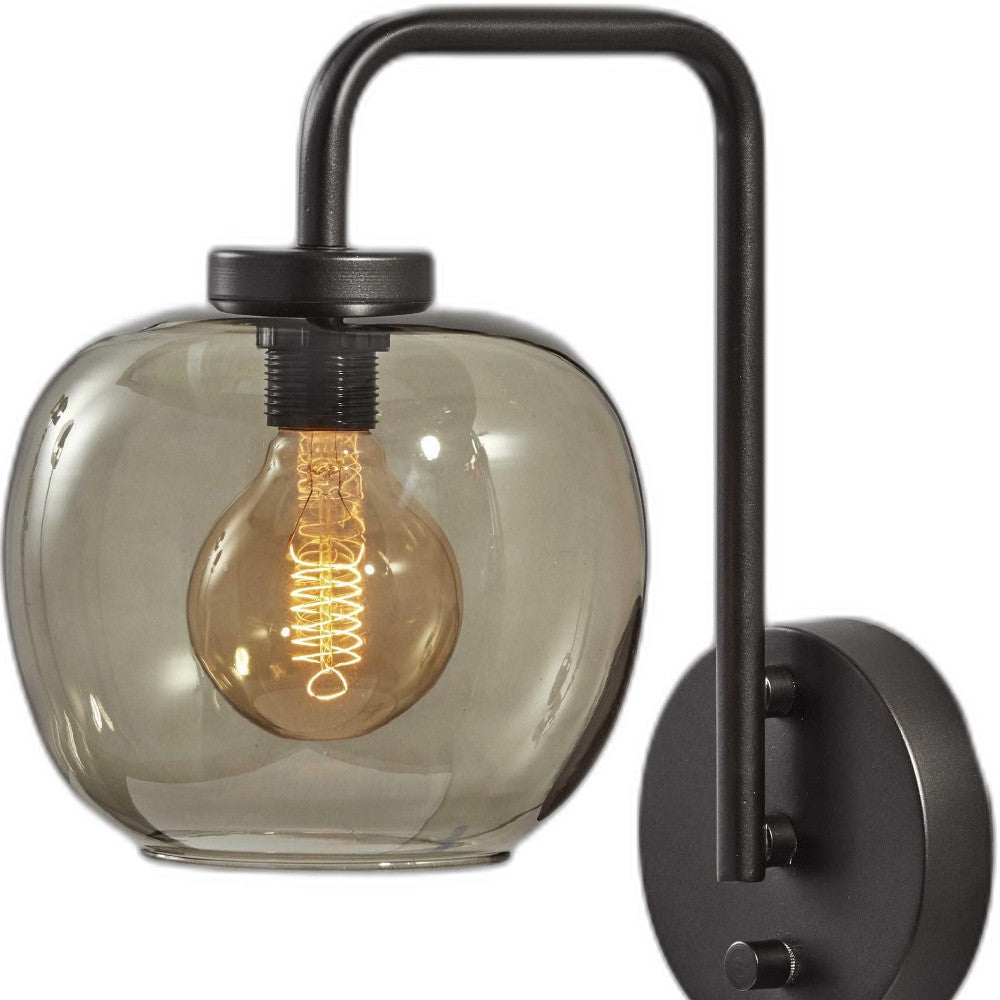 Smoked Glass Globe Shade With Vintage Edison Bulb And Matte Black Metal Wall Lamp