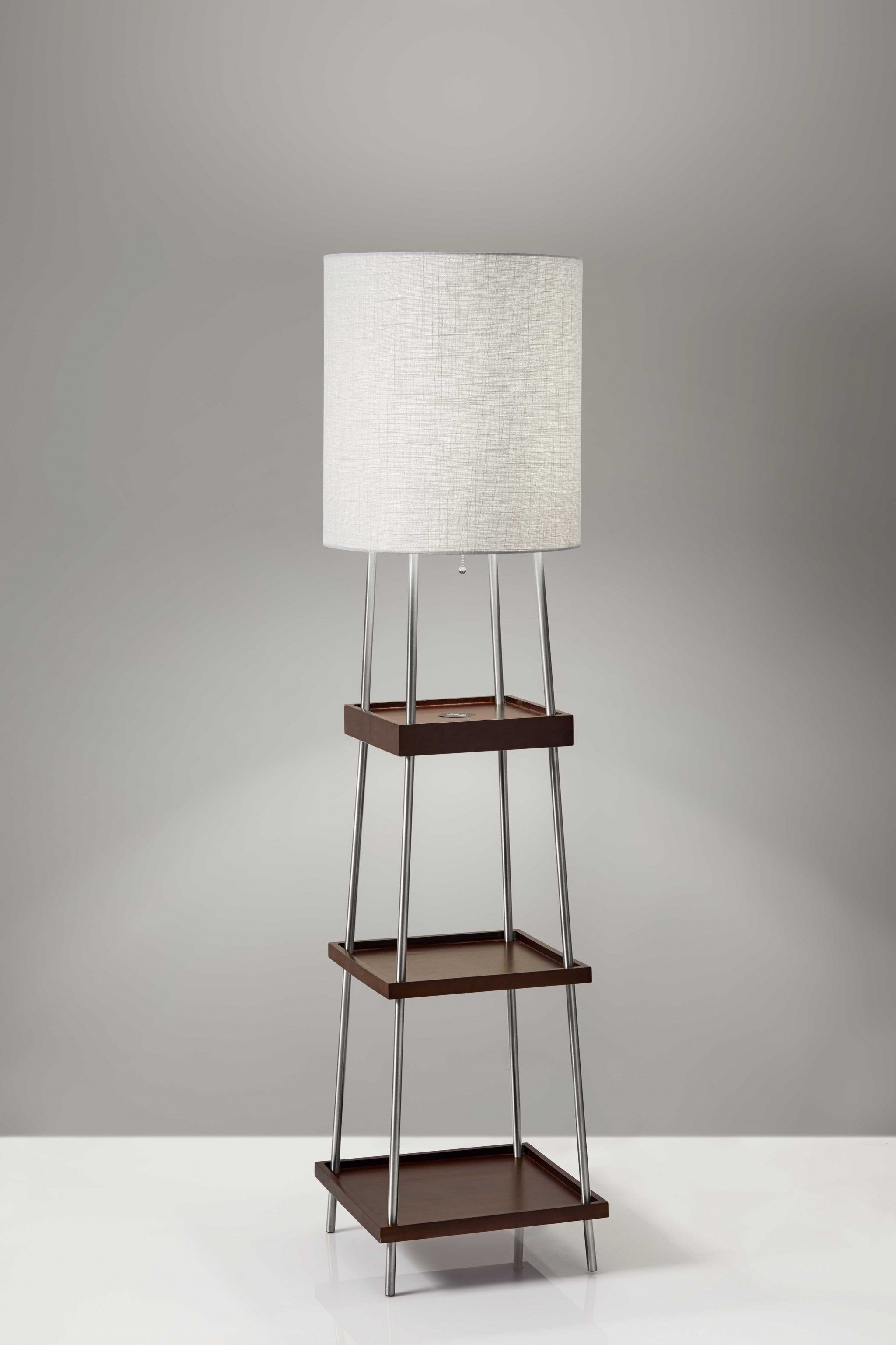 63" Brown And White Column Floor Lamp With White Fabric Drum Shade