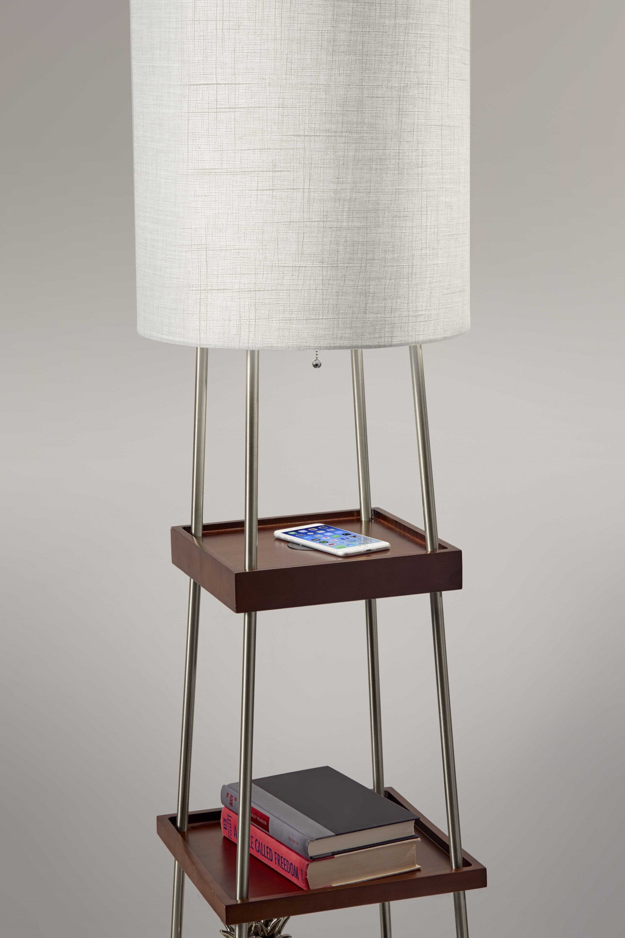 63" Brown And White Column Floor Lamp With White Fabric Drum Shade