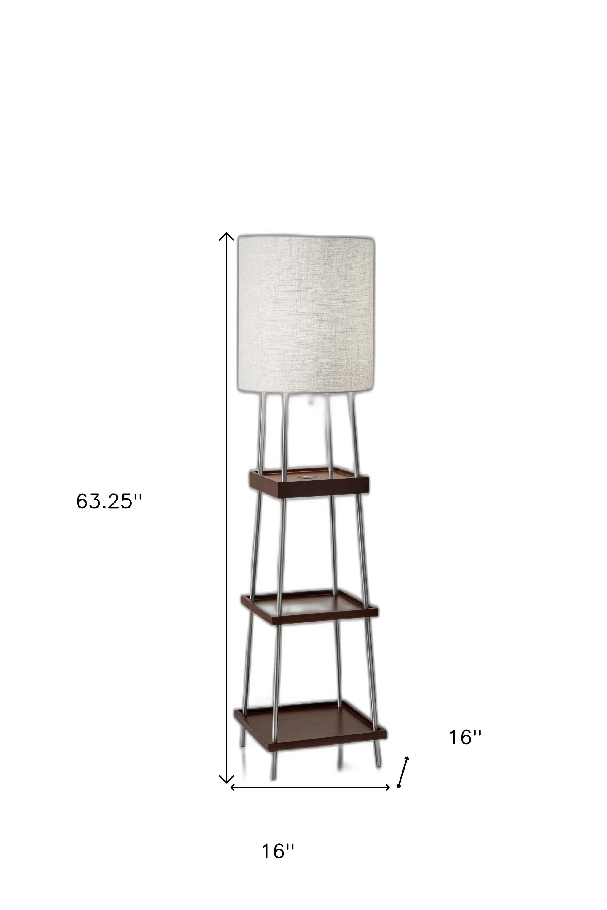 63" Brown And White Column Floor Lamp With White Fabric Drum Shade