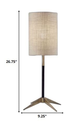 27" Antiqued Brass Metal Table Lamp With Brown Drum Shade