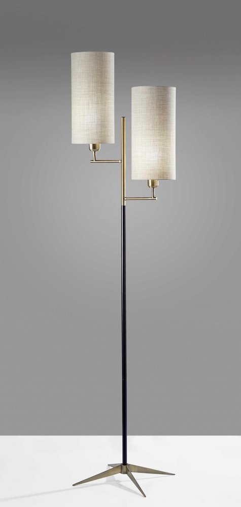 Brass Metal Two Light Novelty Floor Lamp With White Fabric Drum Shade