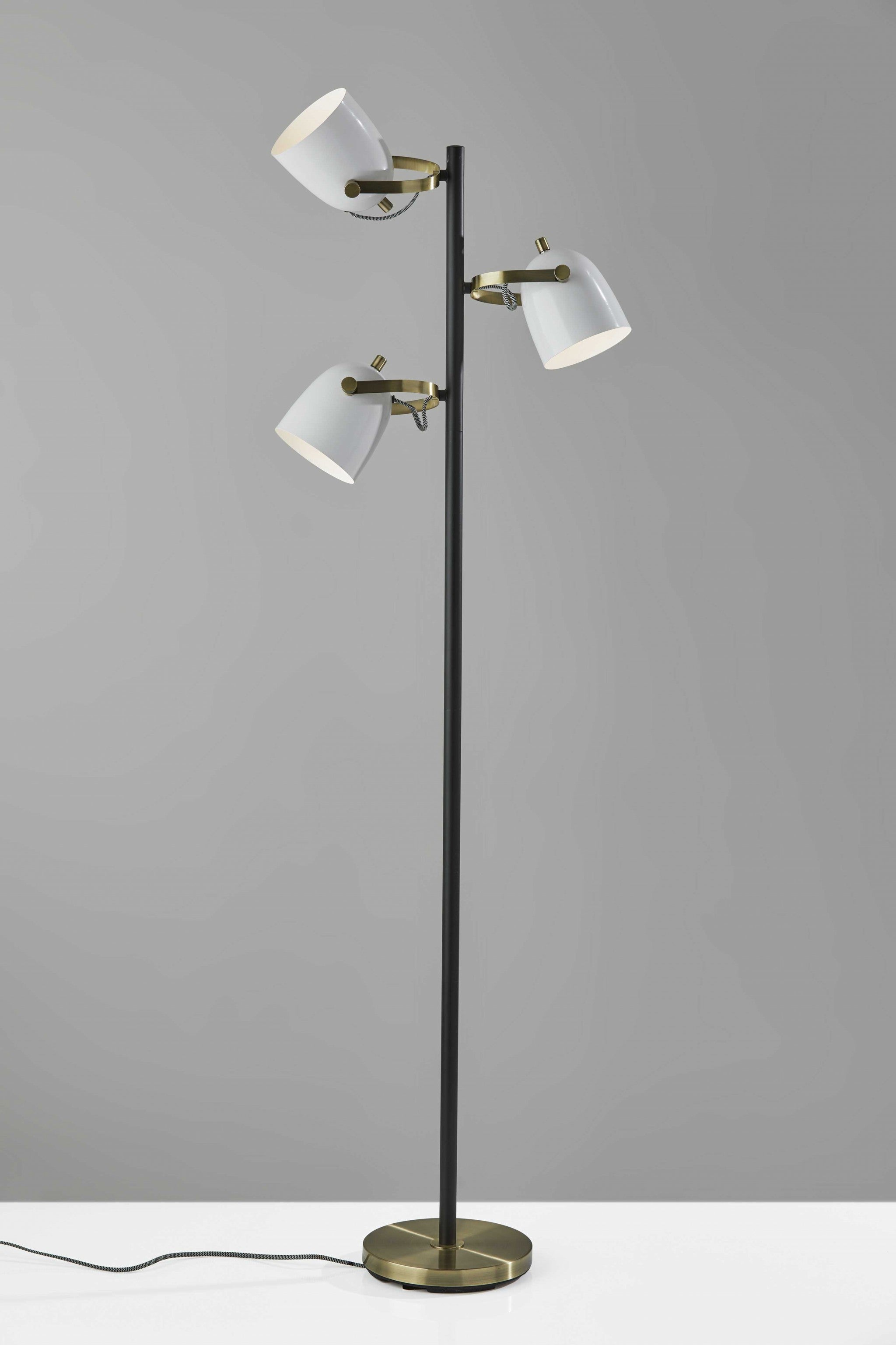 65" Black And White Three Light Tree Floor Lamp With White Metal Bell Shade