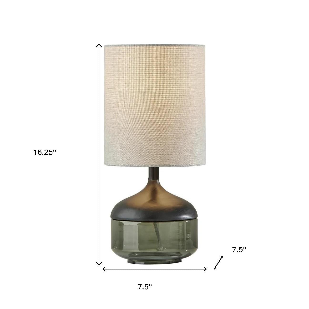 16" Black And Dark Green Wood And Smoked Glass Table Lamp With Beige Drum Shade