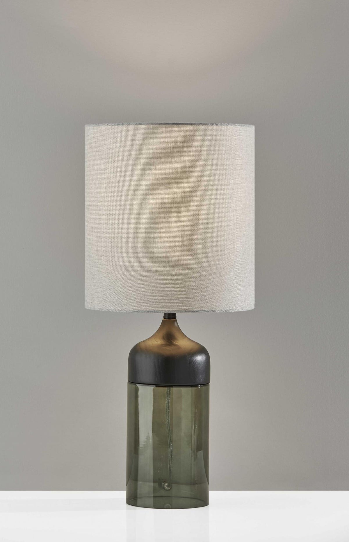 23" Black Wood And Smoked Glass Bedside Lamp With Gray Drum Shade