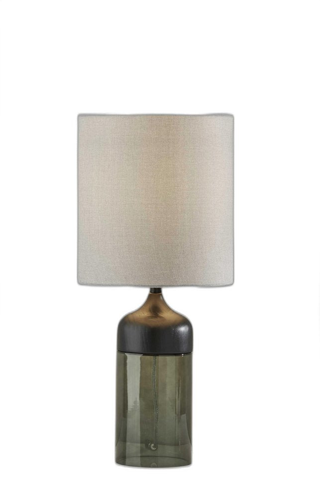 23" Black Wood And Smoked Glass Bedside Lamp With Gray Drum Shade