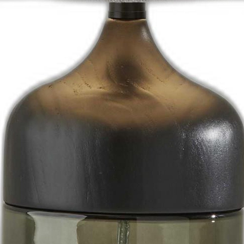 23" Black Wood And Smoked Glass Bedside Lamp With Gray Drum Shade