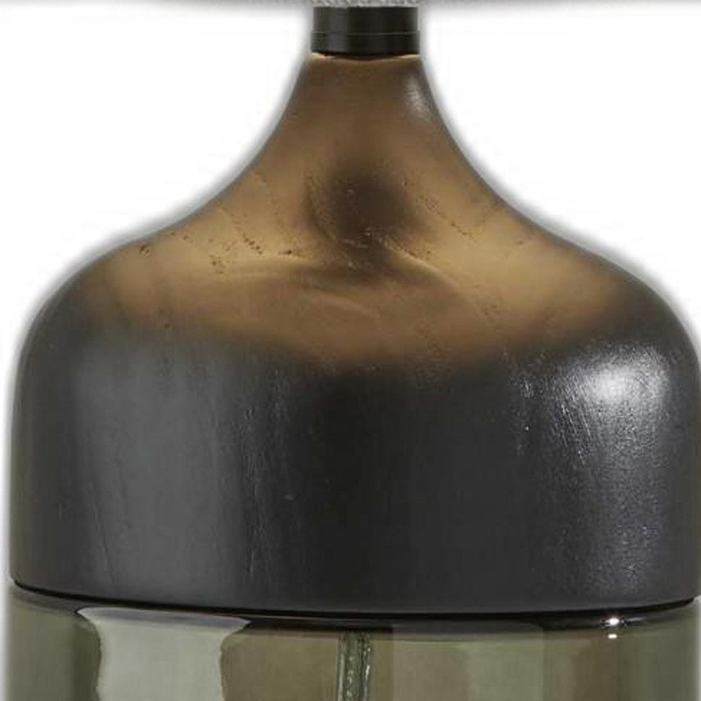 23" Black Wood And Smoked Glass Bedside Lamp With Gray Drum Shade