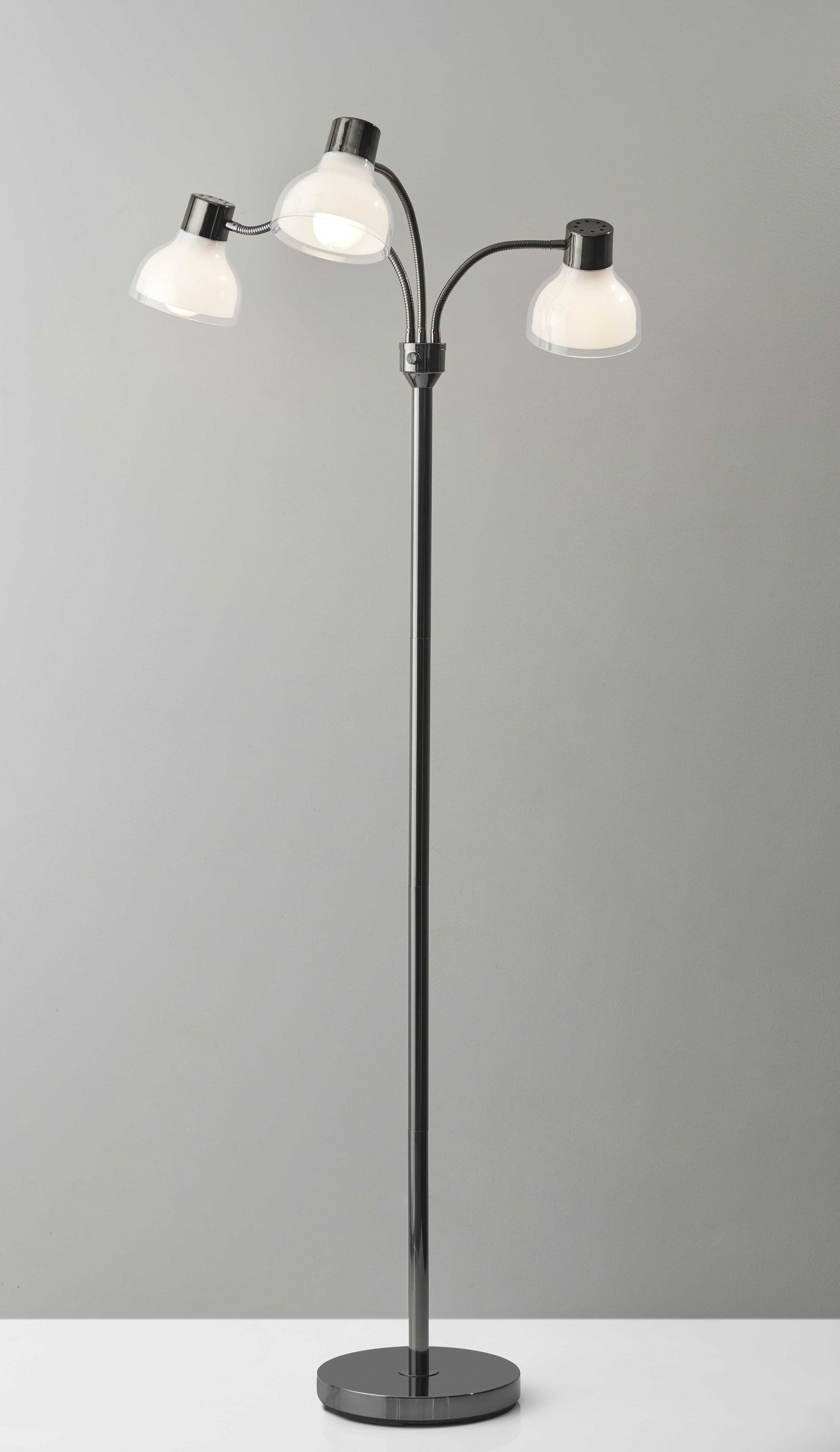 69" Black And White Metal Three Light Tree Floor Lamp With White Bowl Shade