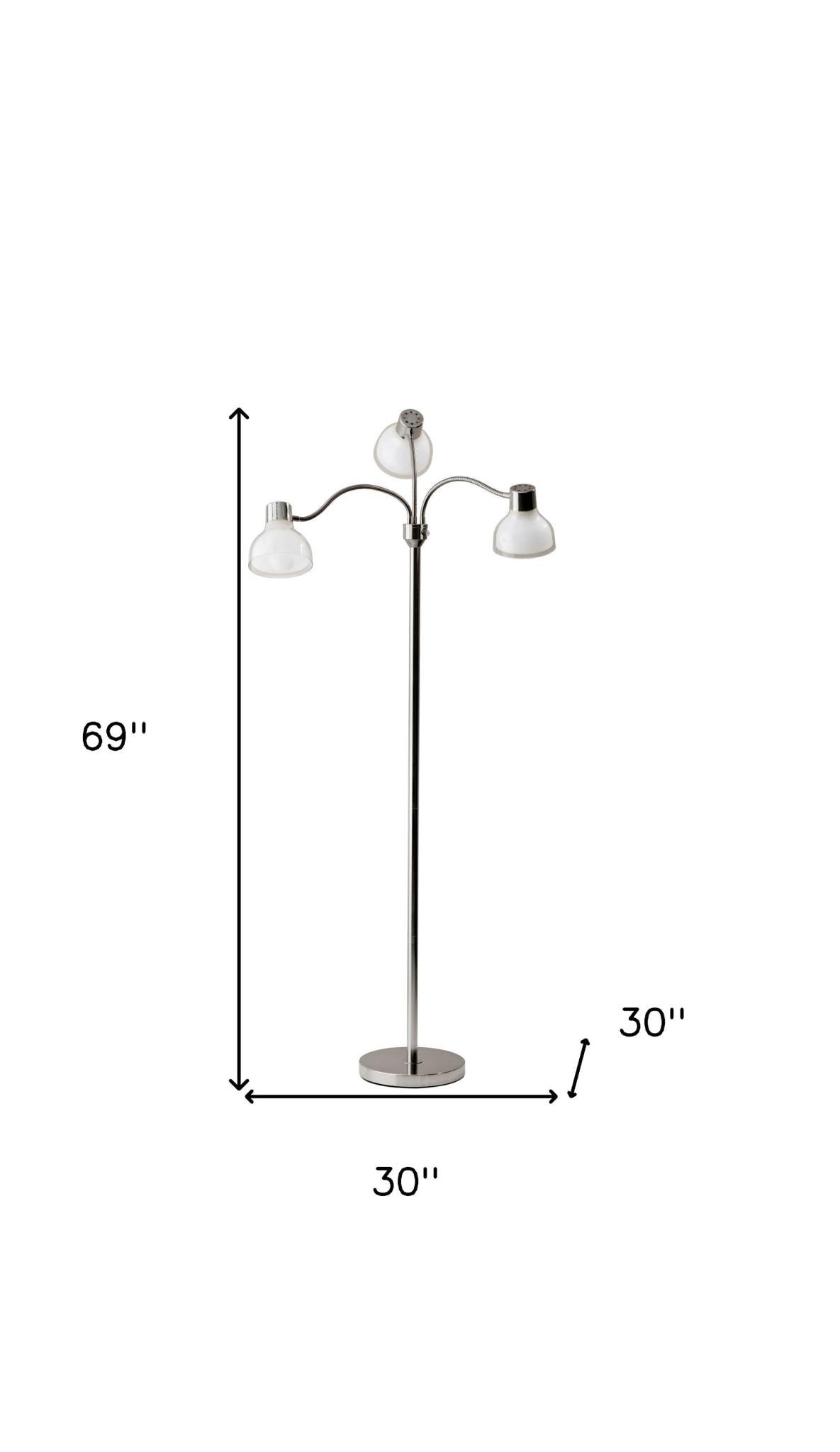 69" Silver Three Light Tree Floor Lamp With White Plastic Bowl Shade