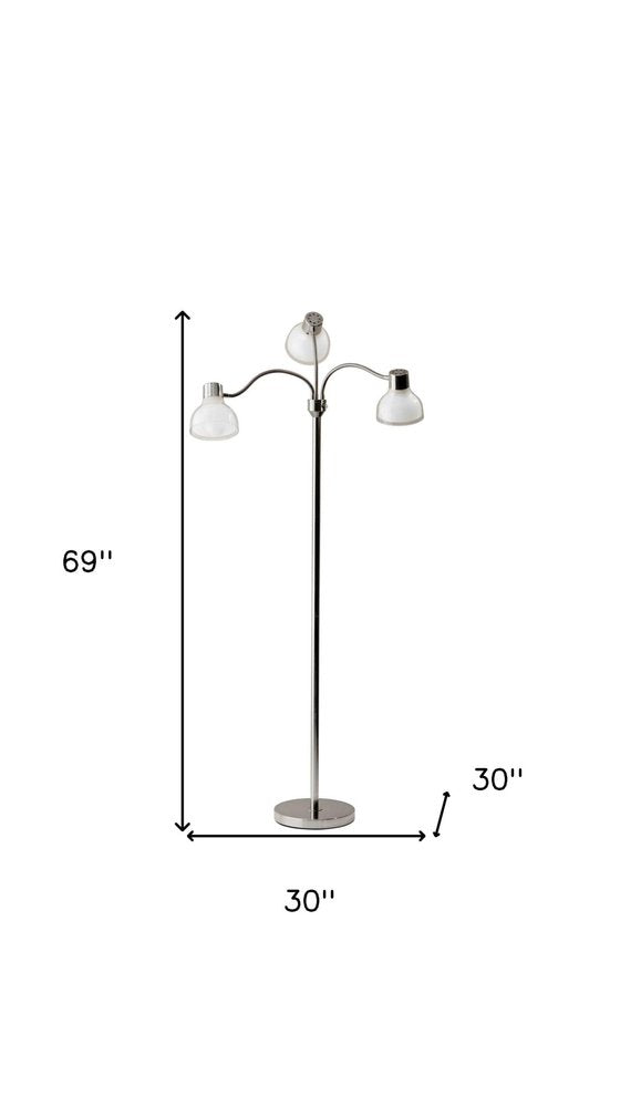 69" Silver Three Light Tree Floor Lamp With White Plastic Bowl Shade
