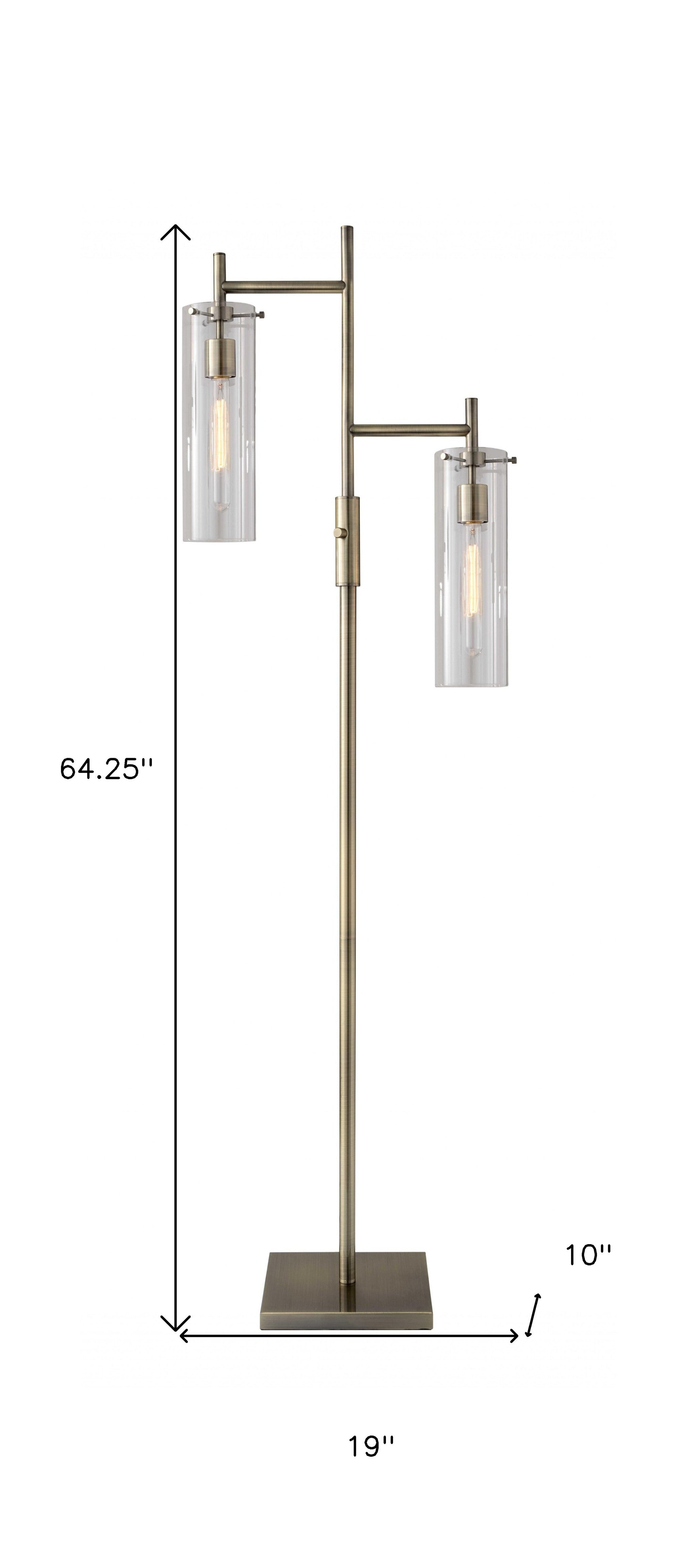 64" Brass Two Light Novelty Floor Lamp With Clear Drum Shade