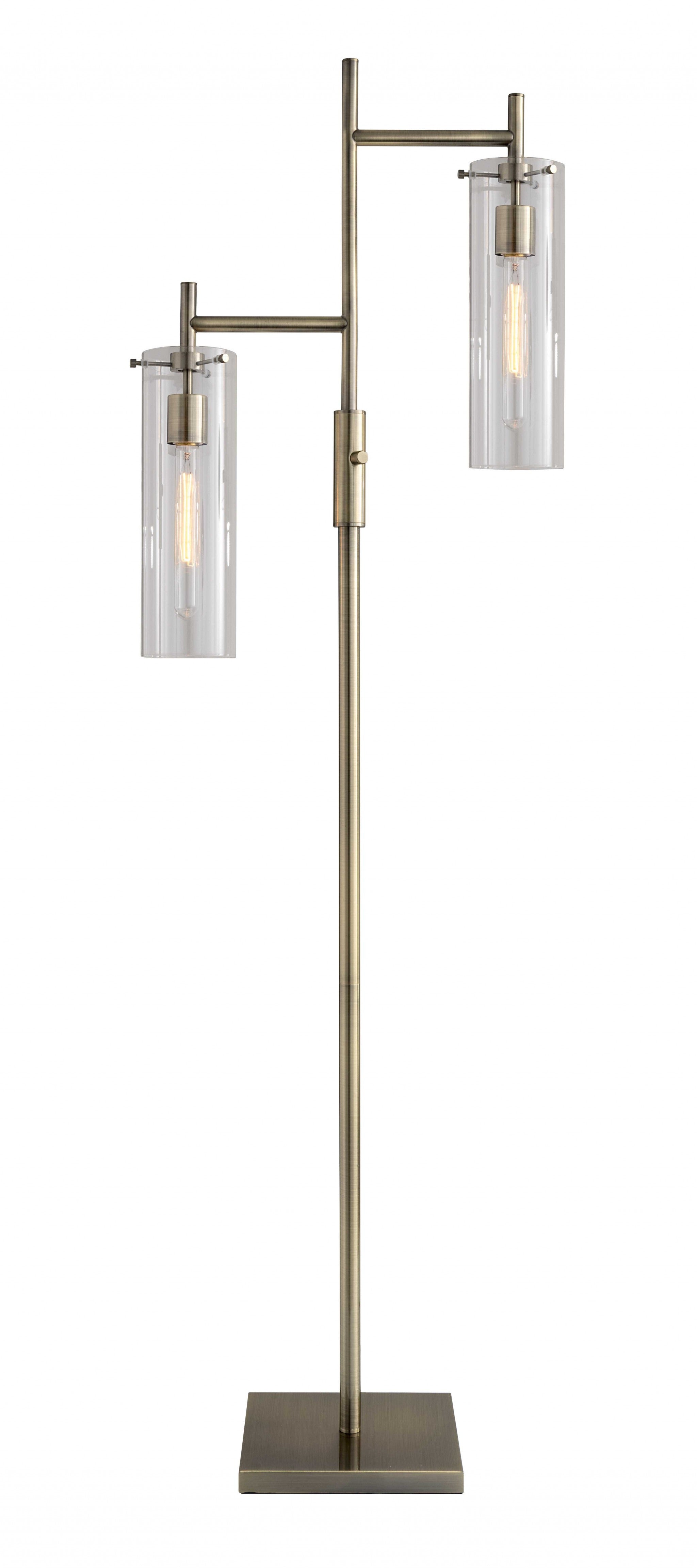 64" Brass Two Light Novelty Floor Lamp With Clear Drum Shade