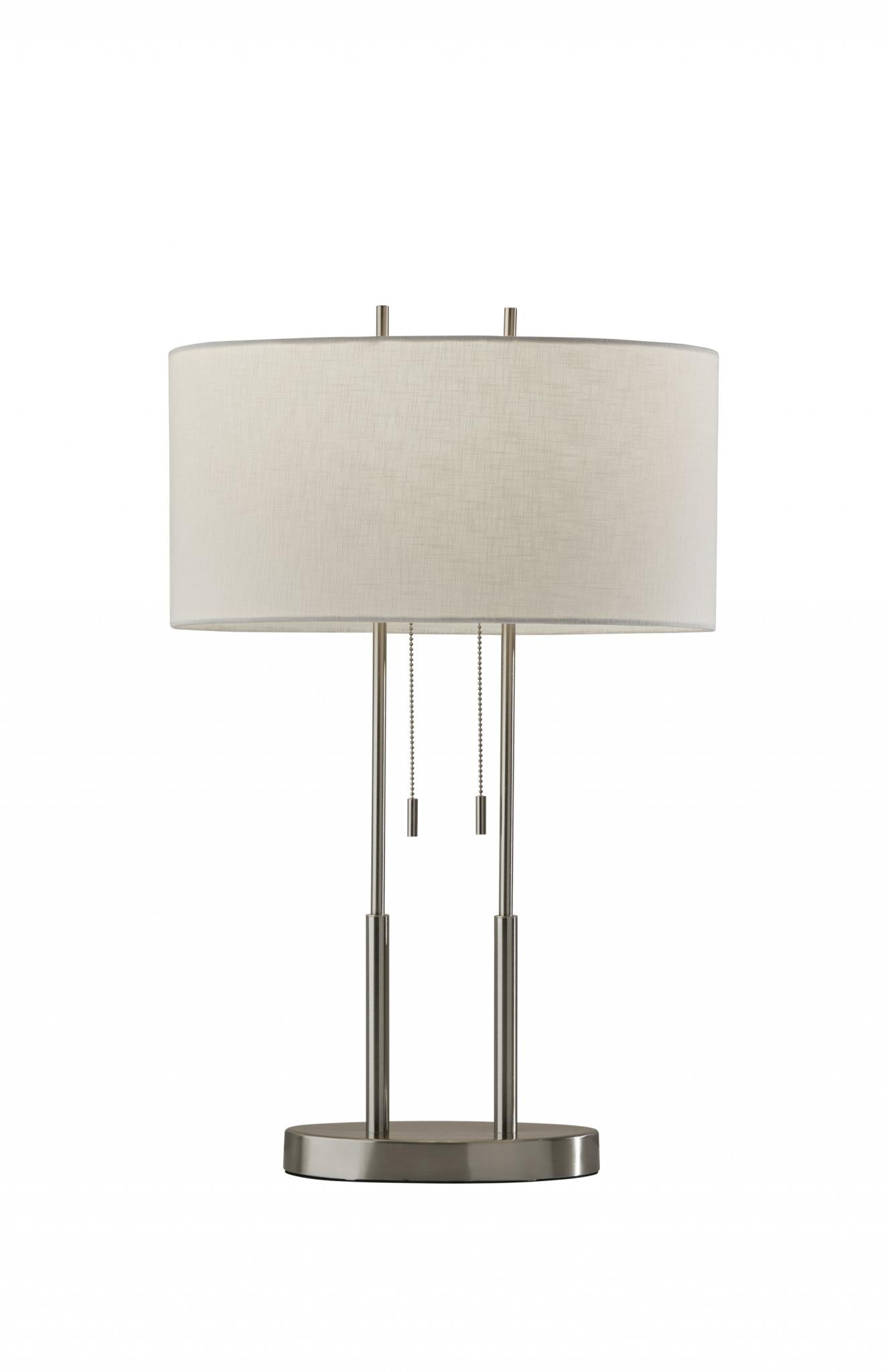27" Silver Metal Two Light Bedside Lamp With Off White Drum Shade