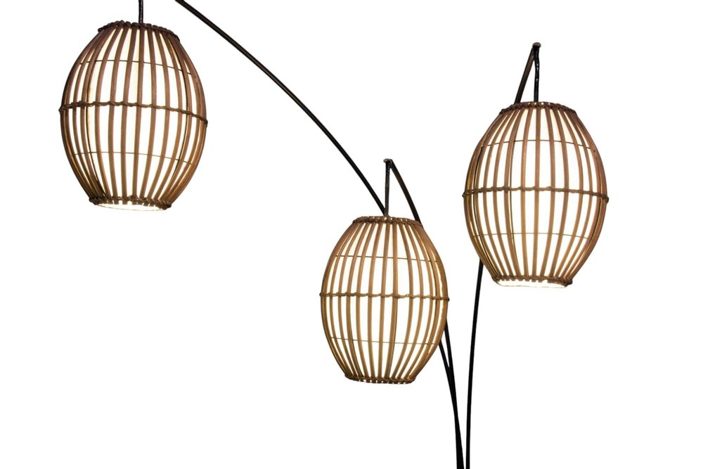 82" Bronze Three Light Tree Floor Lamp With Beige Wicker Cage Shade