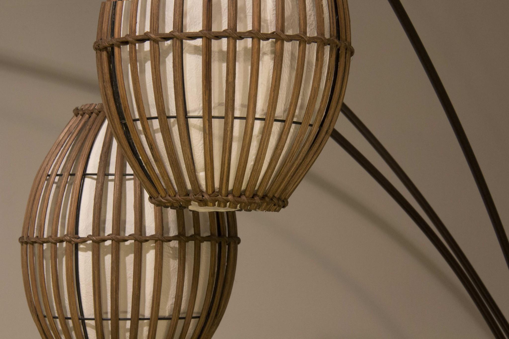 82" Bronze Three Light Tree Floor Lamp With Beige Wicker Cage Shade