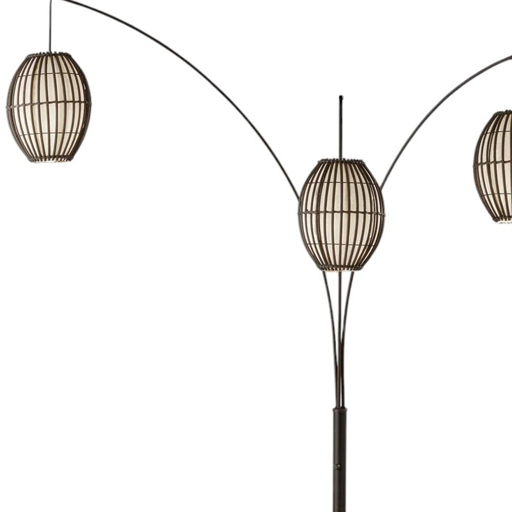 82" Bronze Three Light Tree Floor Lamp With Beige Wicker Cage Shade