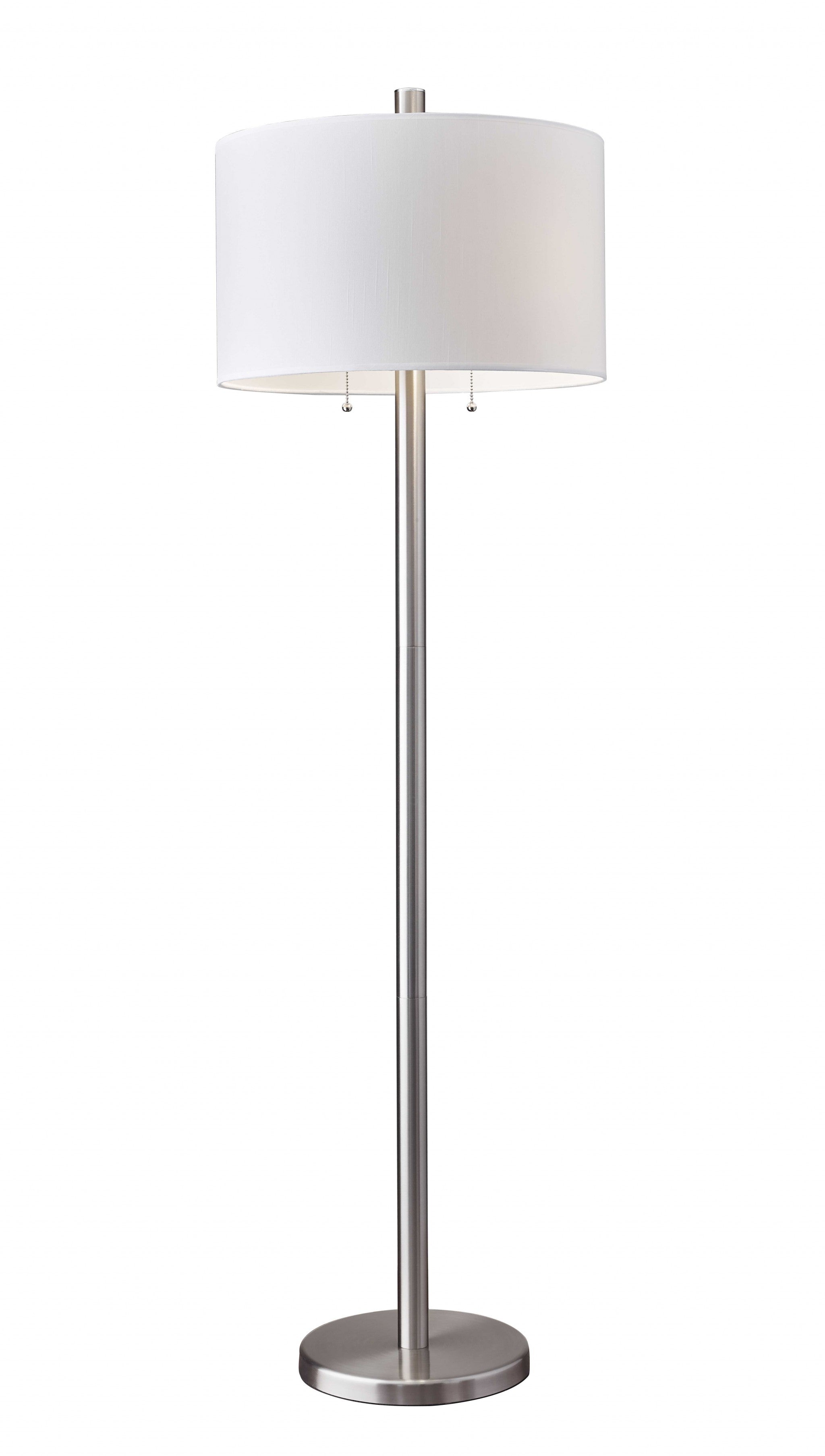 61" Silver Two Light Floor Lamp With White Fabric Drum Shade